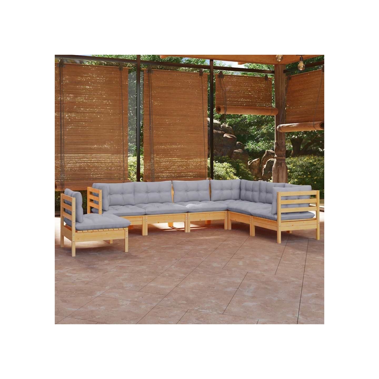 Salon de jardin 7 pcs avec coussins gris bois de pin massif