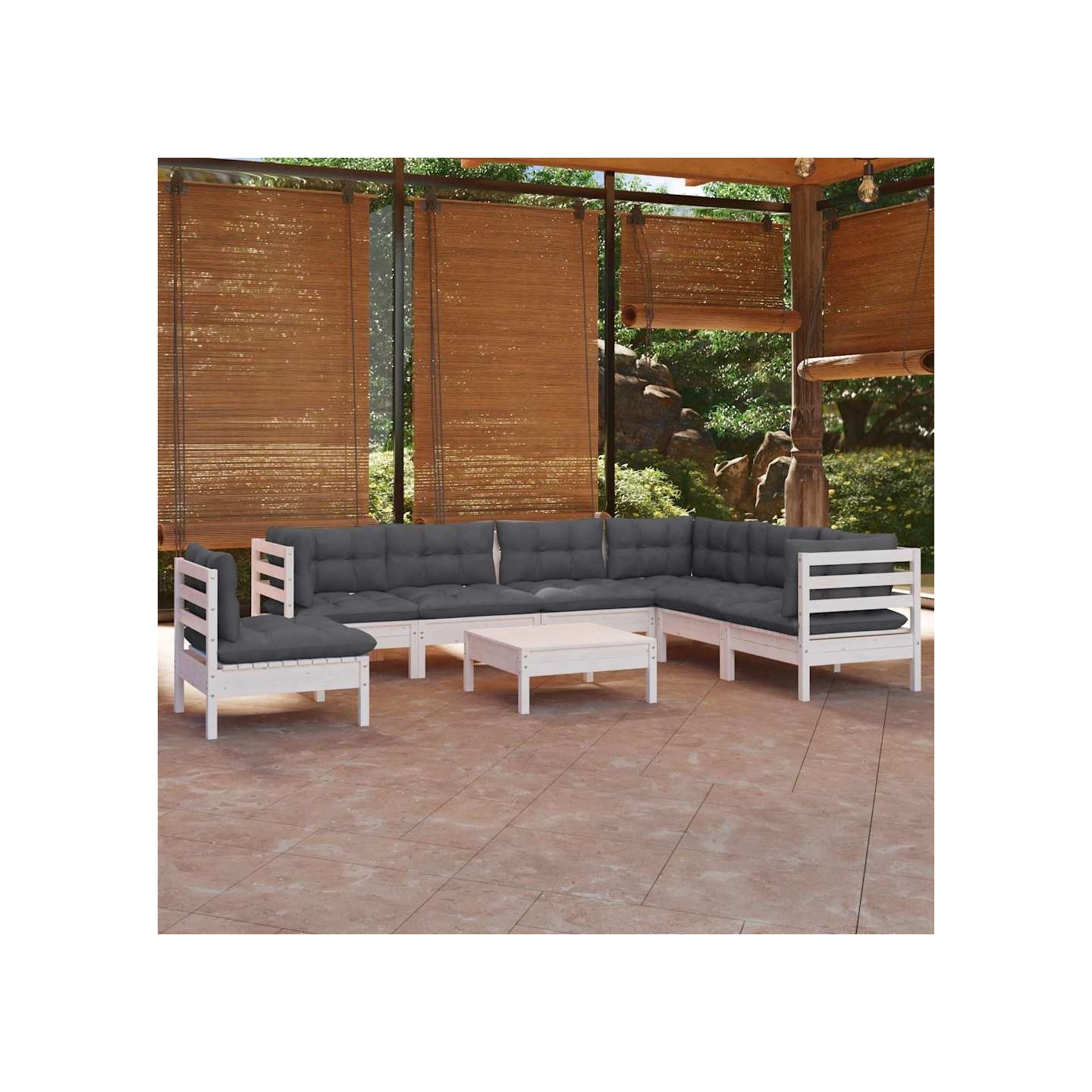 Salon de jardin 8 pcs avec coussins blanc bois de pin massif