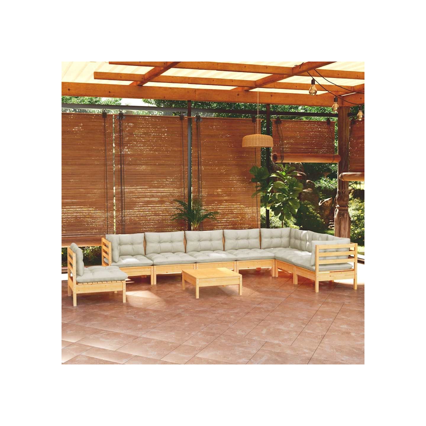 Salon de jardin 9 pcs avec coussins crème bois de pin massif