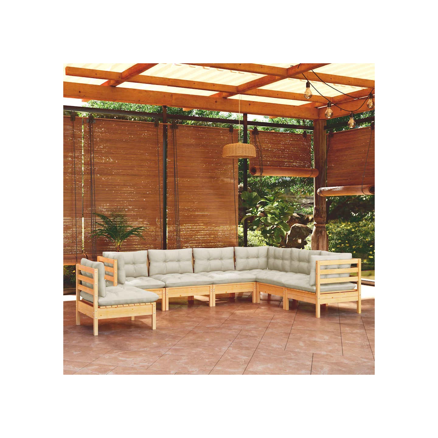 Salon de jardin 7 pcs avec coussins crème bois de pin massif