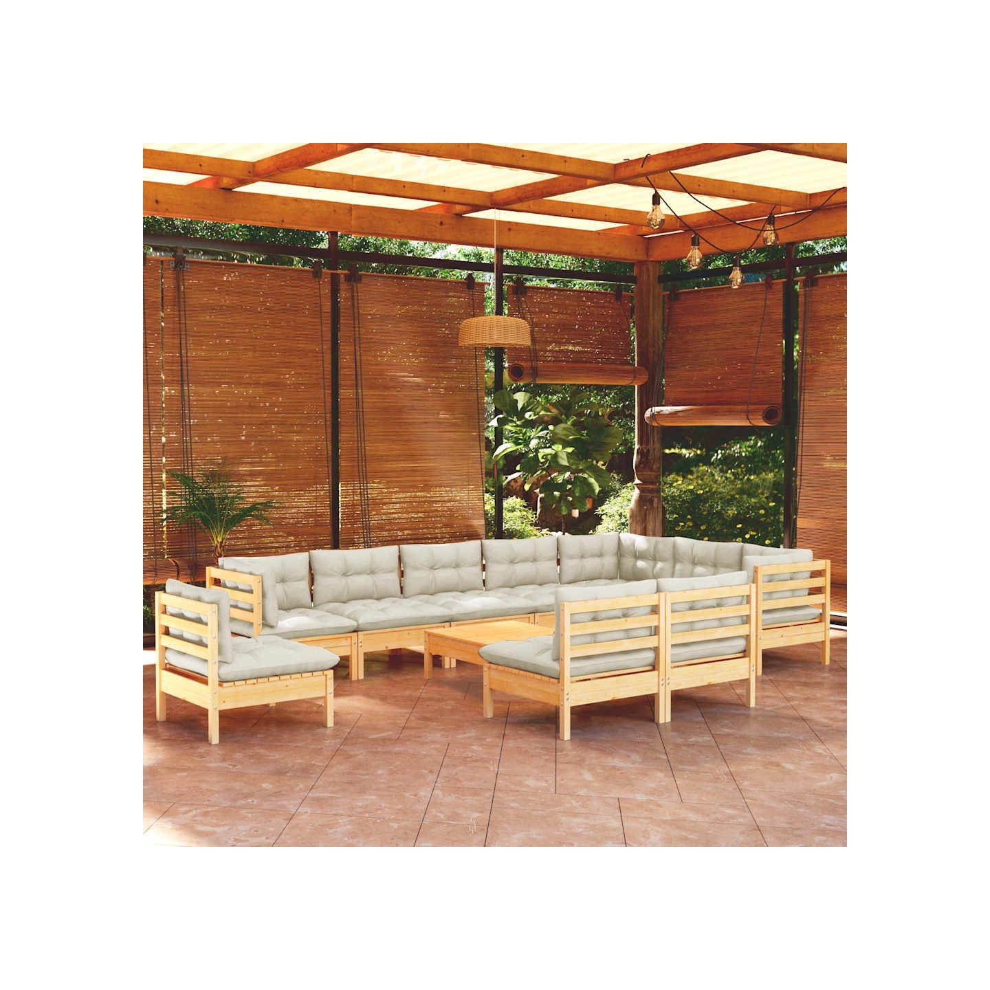 Salon de jardin 11 pcs avec coussins crème Bois de pin solide