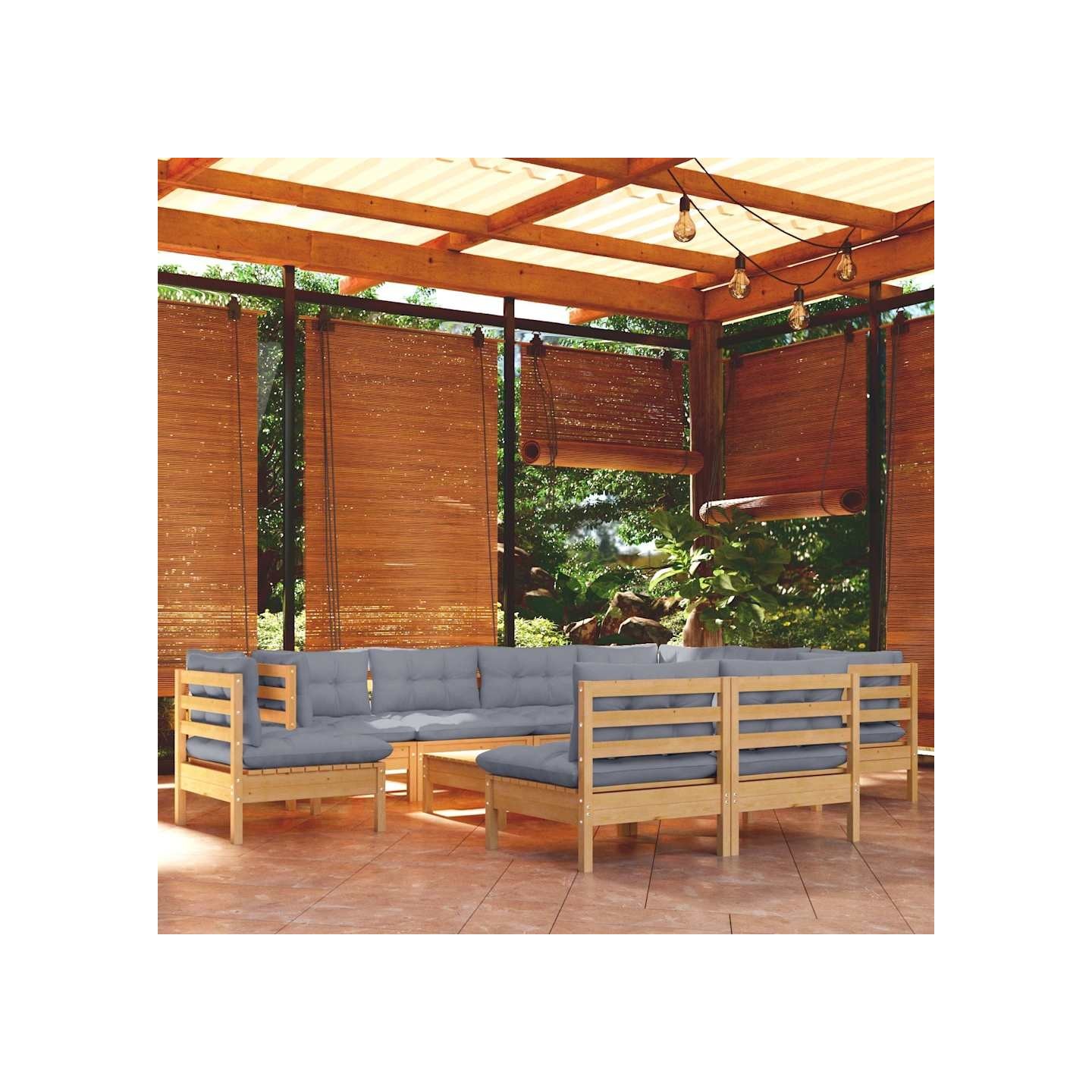 Salon de jardin 10 pcs avec coussins gris bois de pin massif