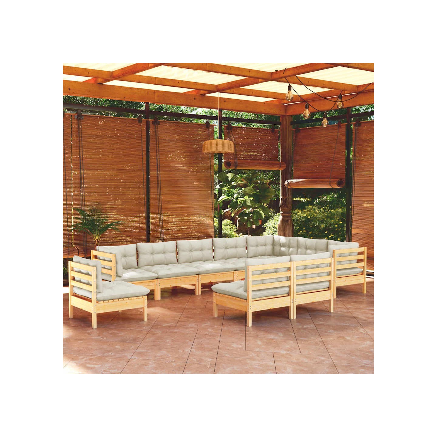 Salon de jardin 10 pcs avec coussins crème bois de pin massif