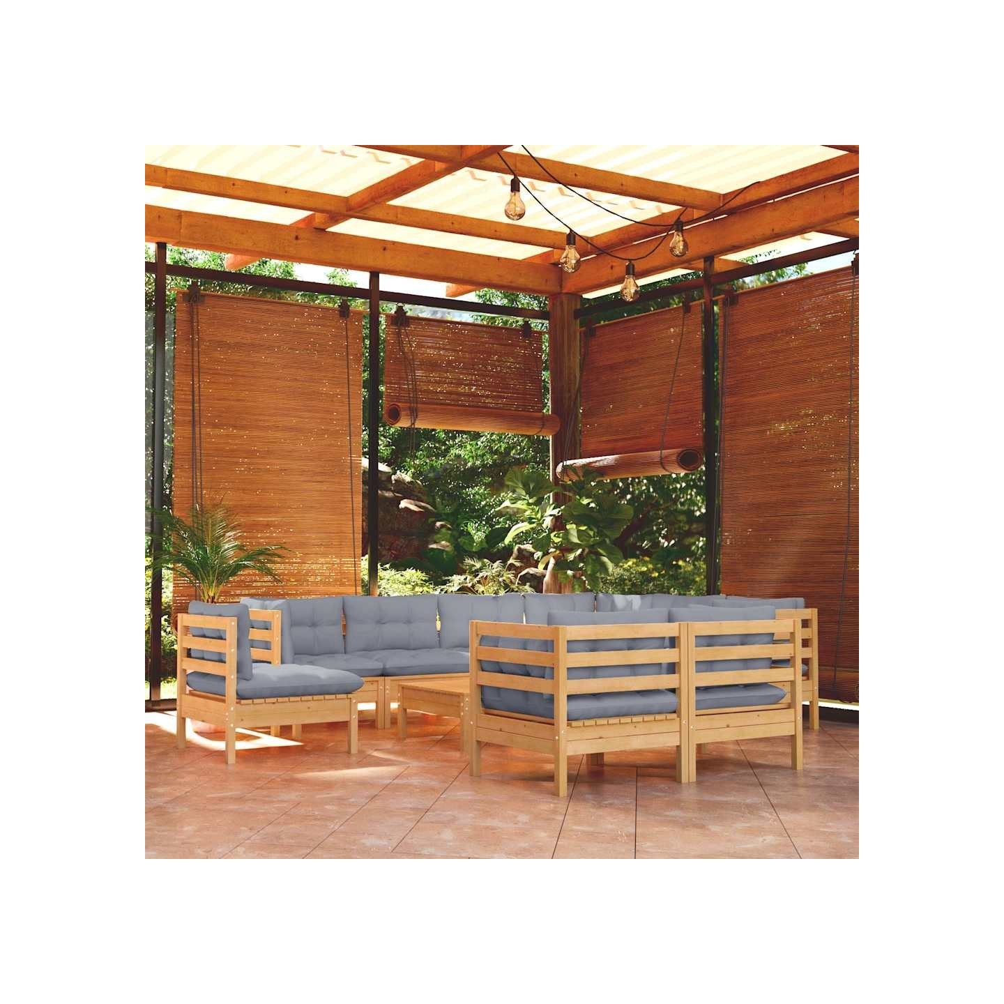 Salon de jardin 10 pcs avec coussins gris bois de pin massif