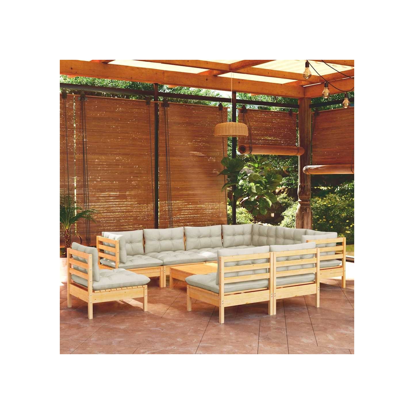 Salon de jardin 10 pcs avec coussins crème bois de pin massif