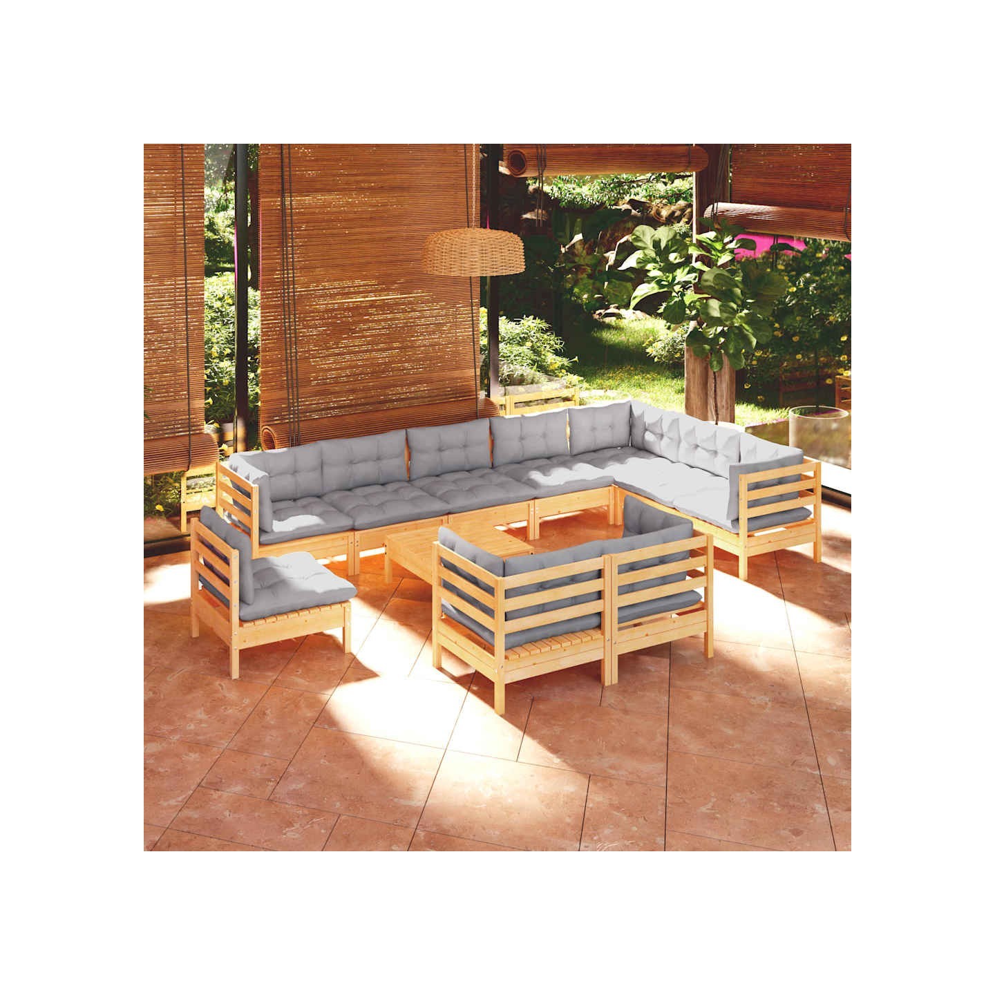 Salon de jardin 11 pcs avec coussins gris Bois de pin solide