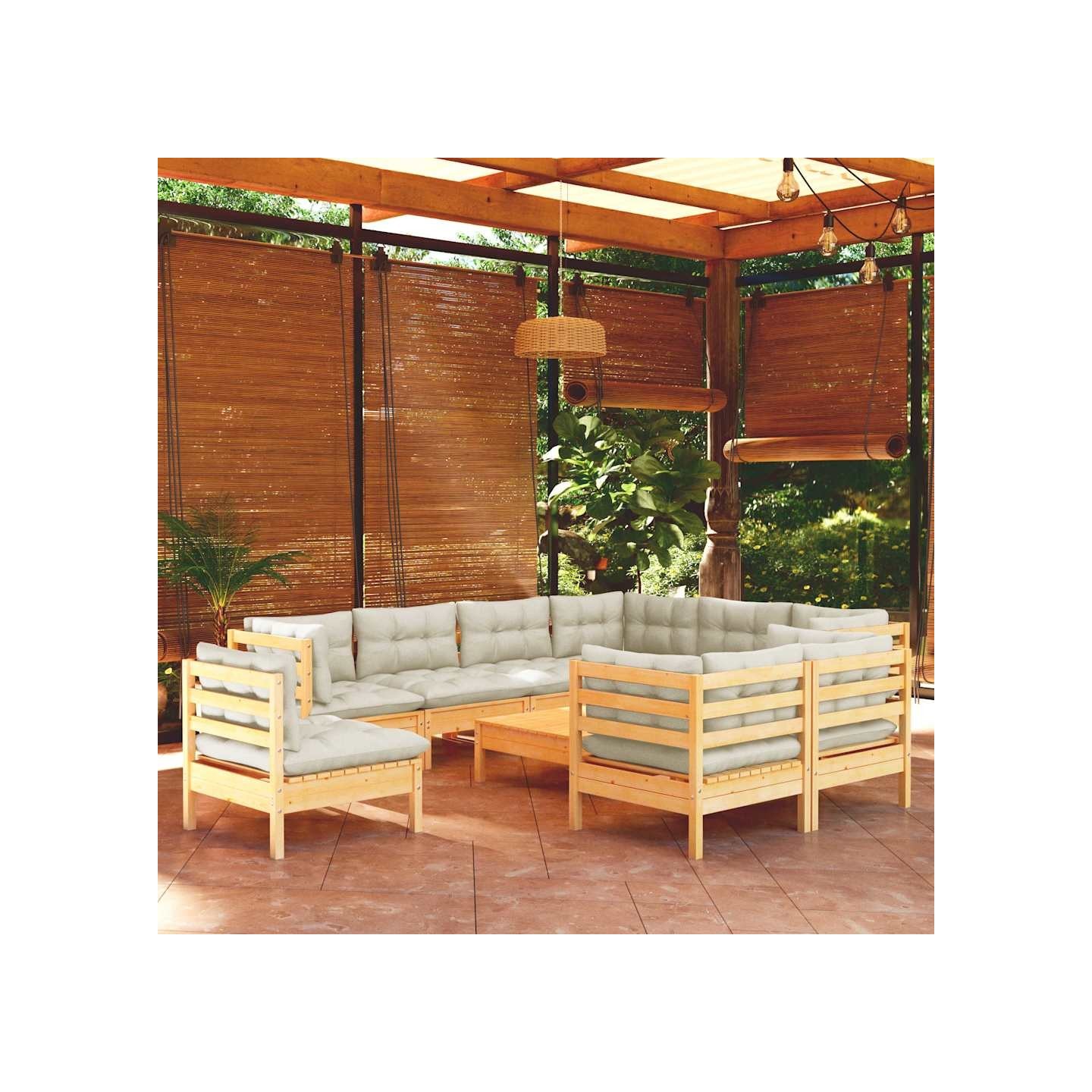 Salon de jardin 10 pcs avec coussins crème bois de pin massif
