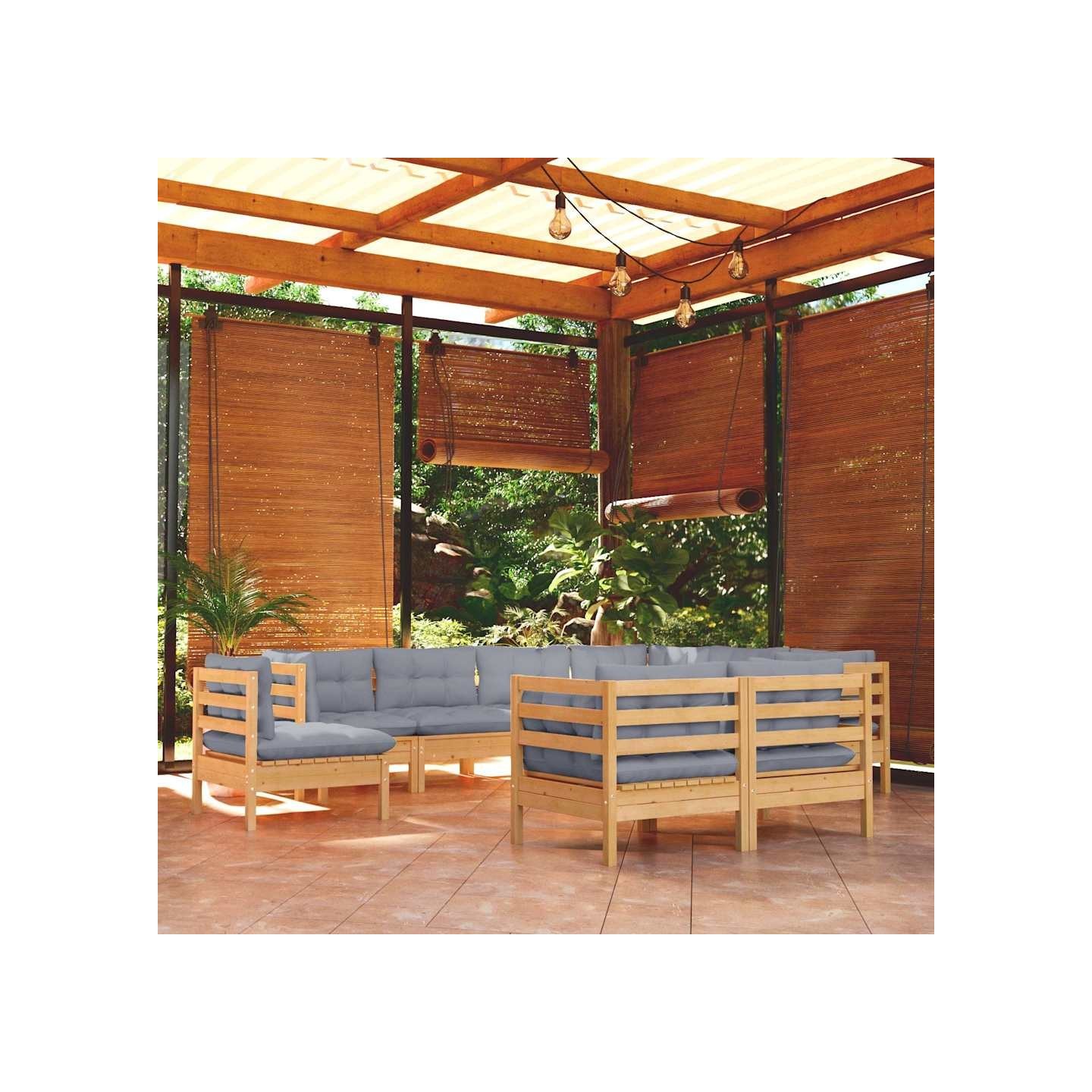 Salon de jardin 9 pcs avec coussins gris bois de pin massif