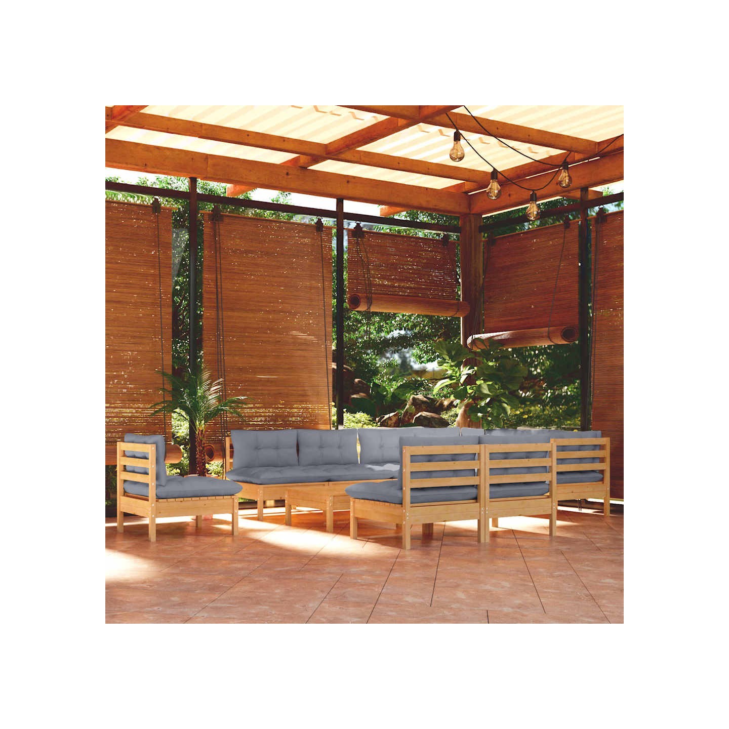 Salon de jardin 11 pcs avec coussins gris Bois de pin solide