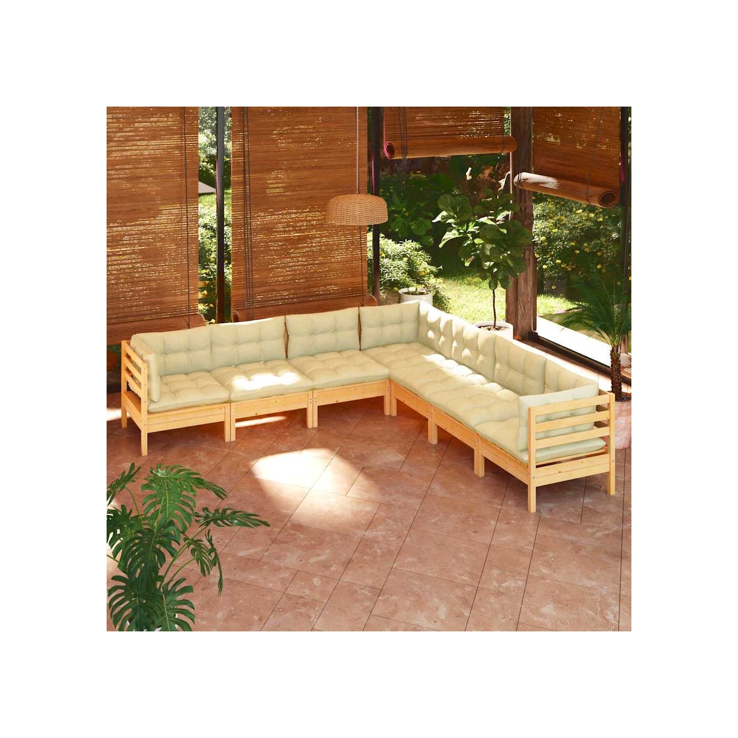 Salon de jardin 7 pcs avec coussins crème bois de pin massif
