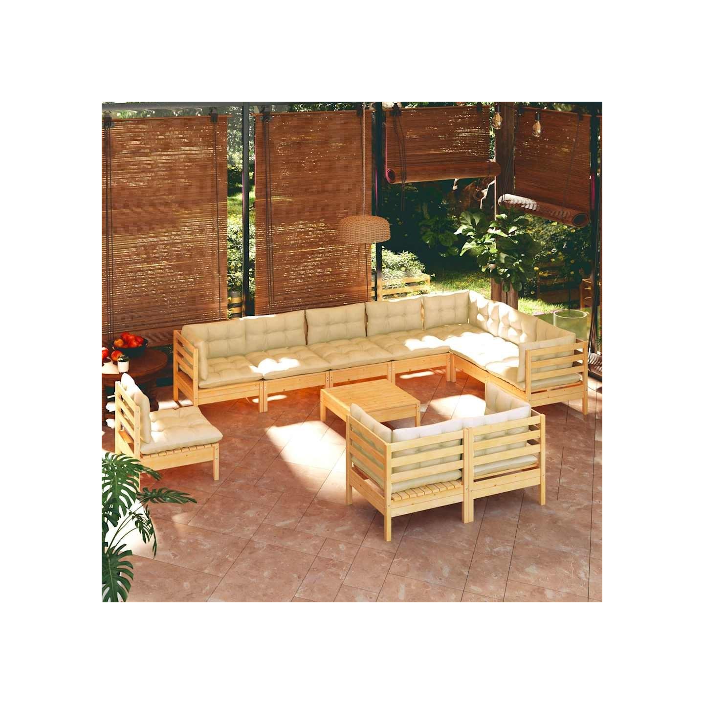 Salon de jardin 11 pcs avec coussins crème Bois de pin solide