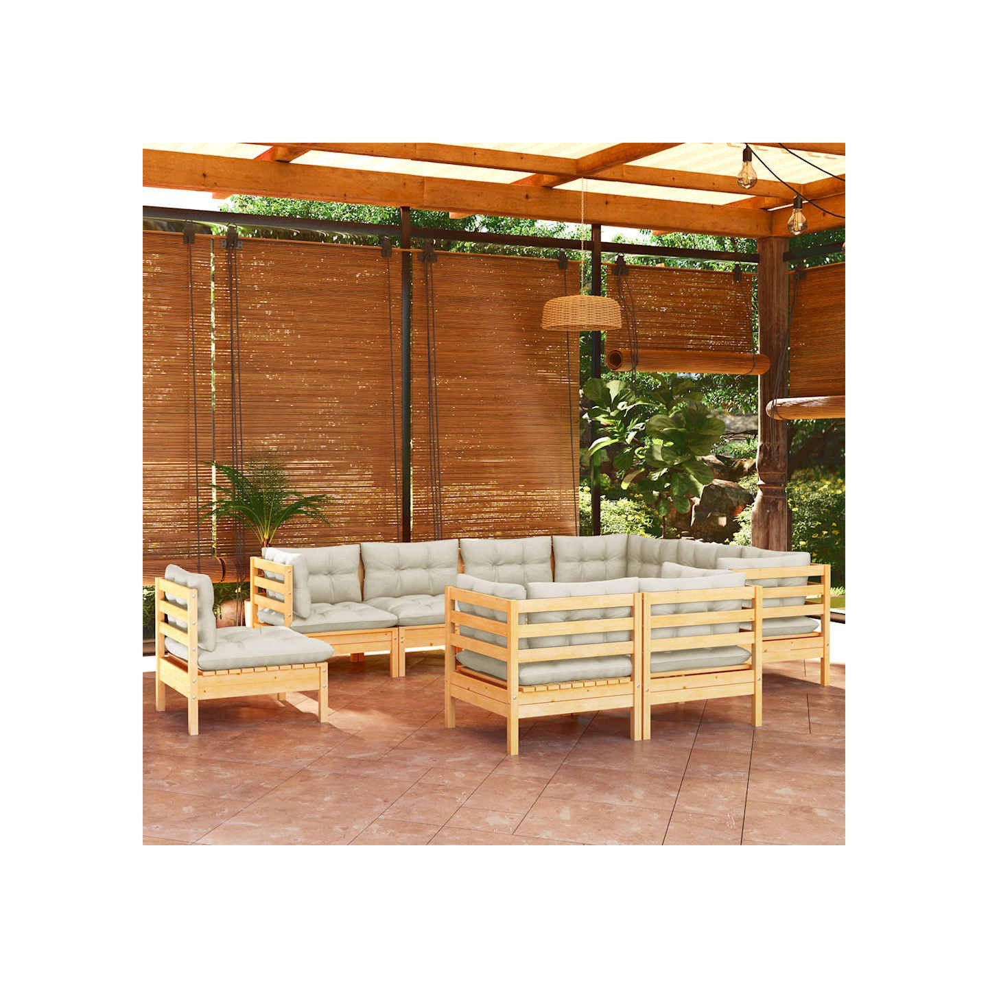 Salon de jardin 9 pcs avec coussins crème bois de pin massif