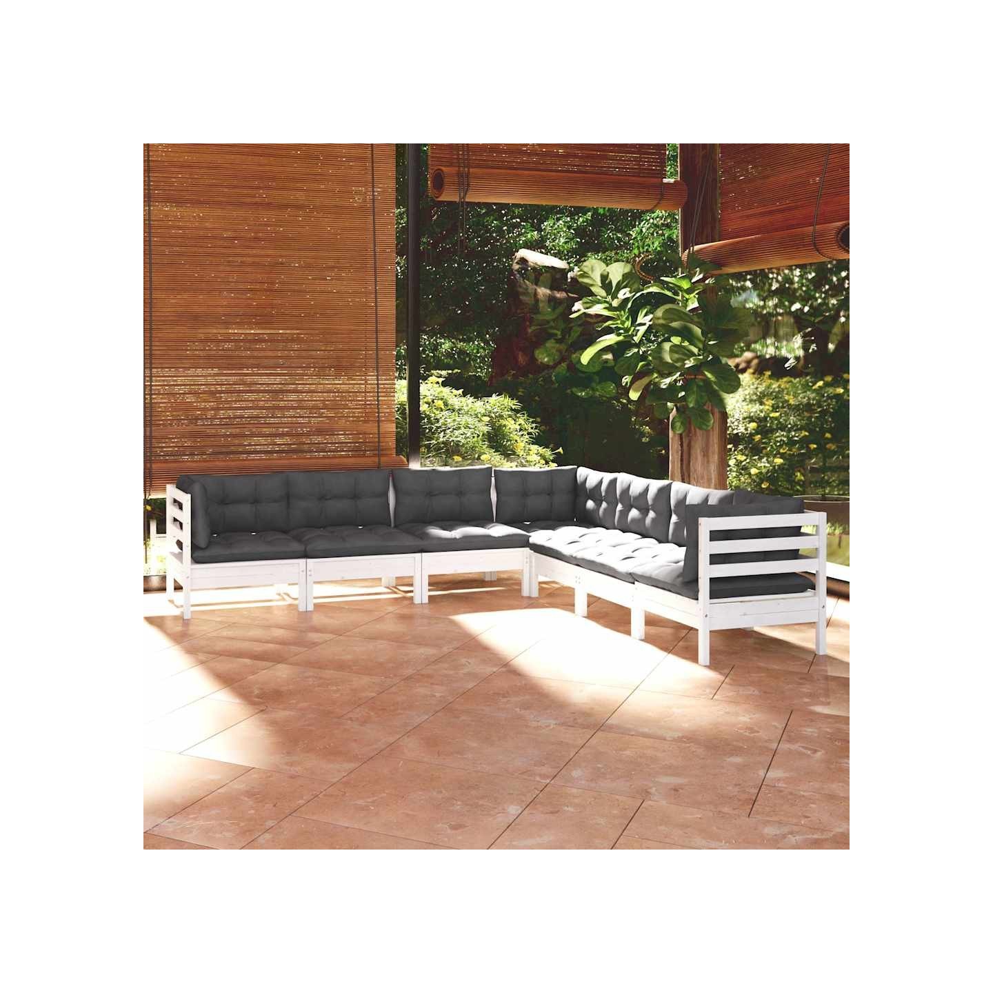 Salon de jardin 7 pcs avec coussins blanc bois de pin massif
