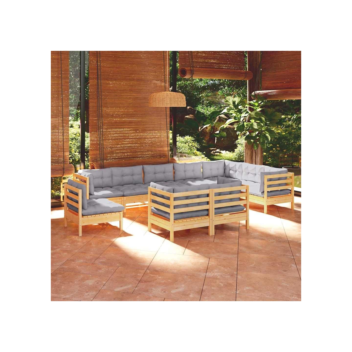 Salon de jardin 10 pcs avec coussins gris bois de pin massif