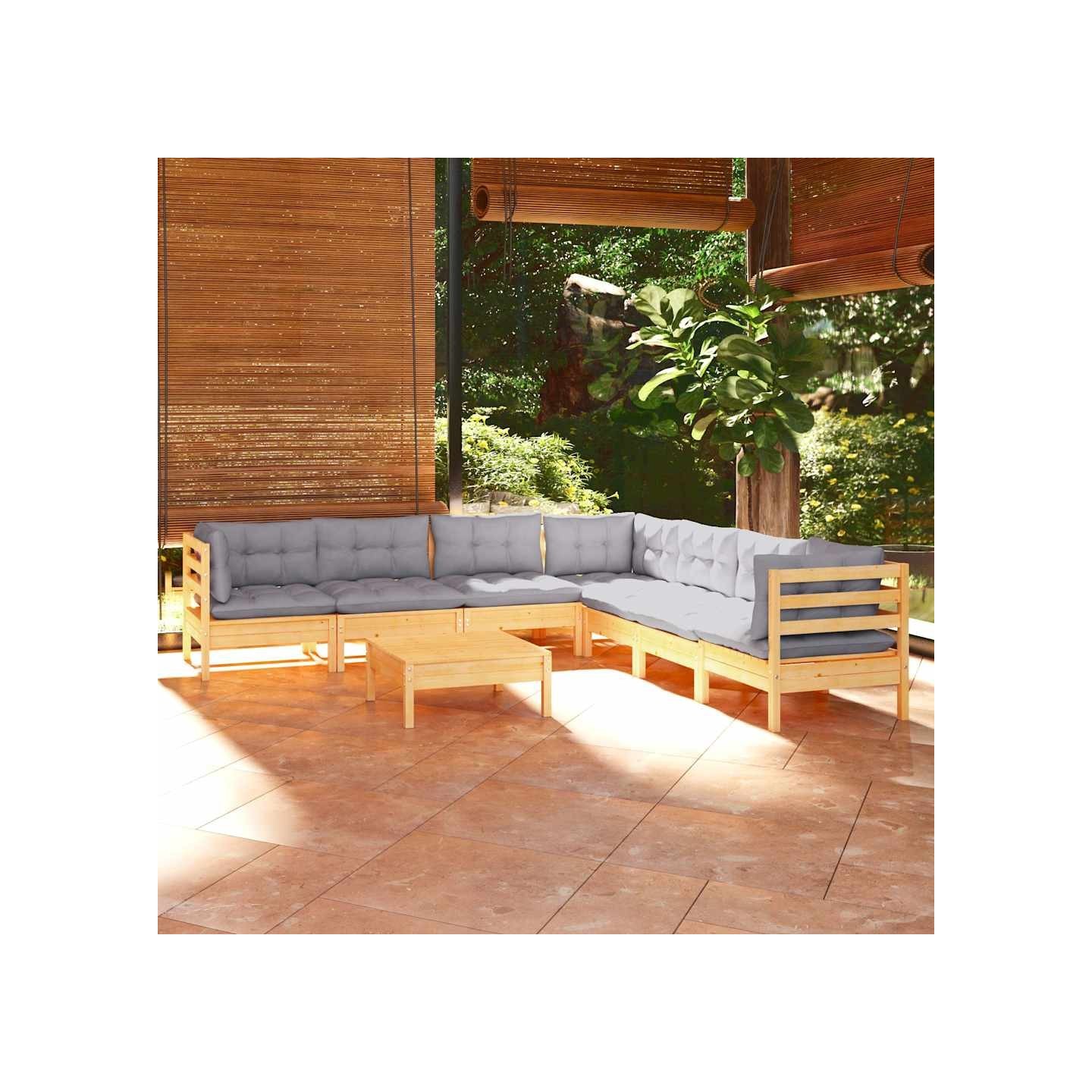 Salon de jardin 8 pcs avec coussins gris Bois de pin massif