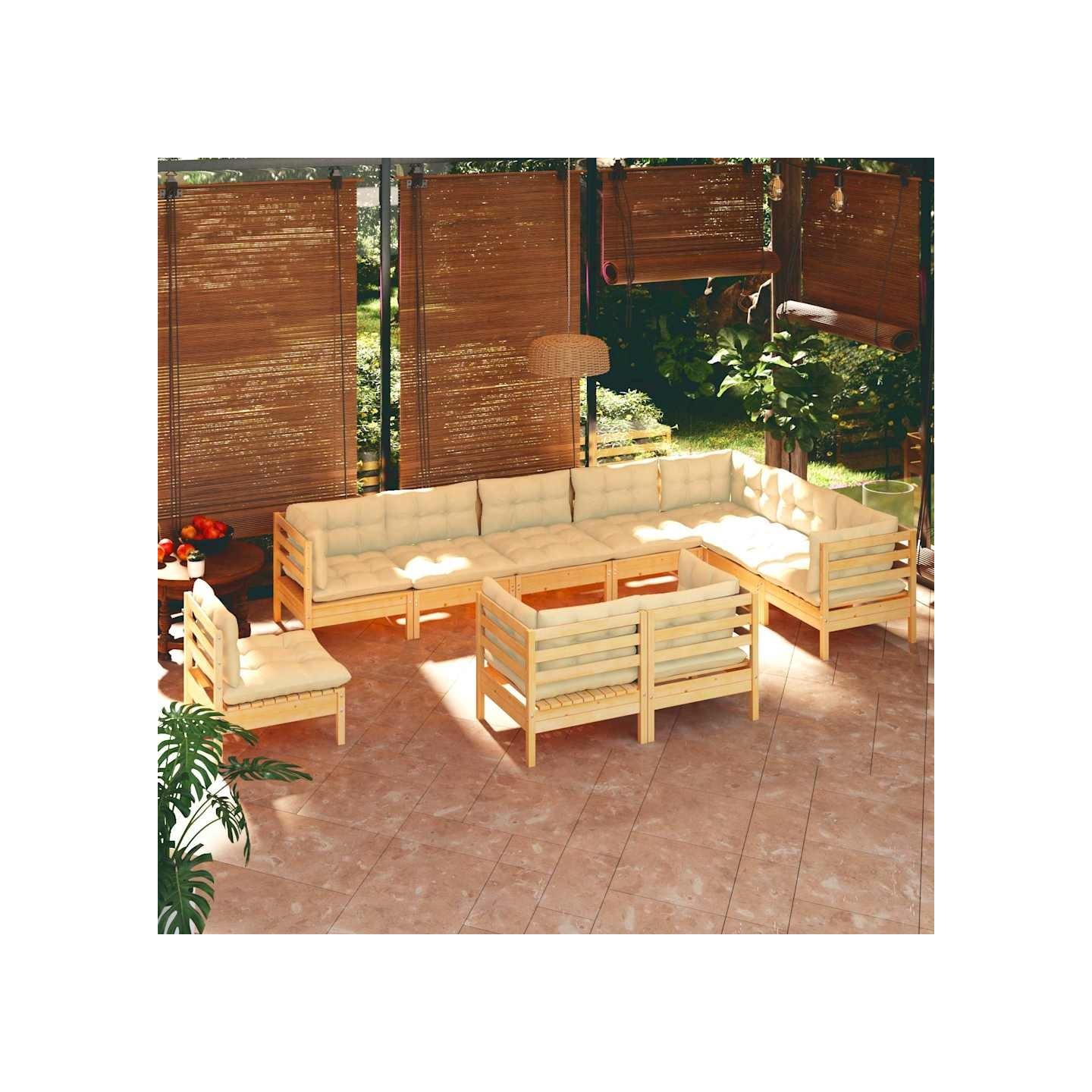 Salon de jardin 10 pcs avec coussins crème bois de pin massif