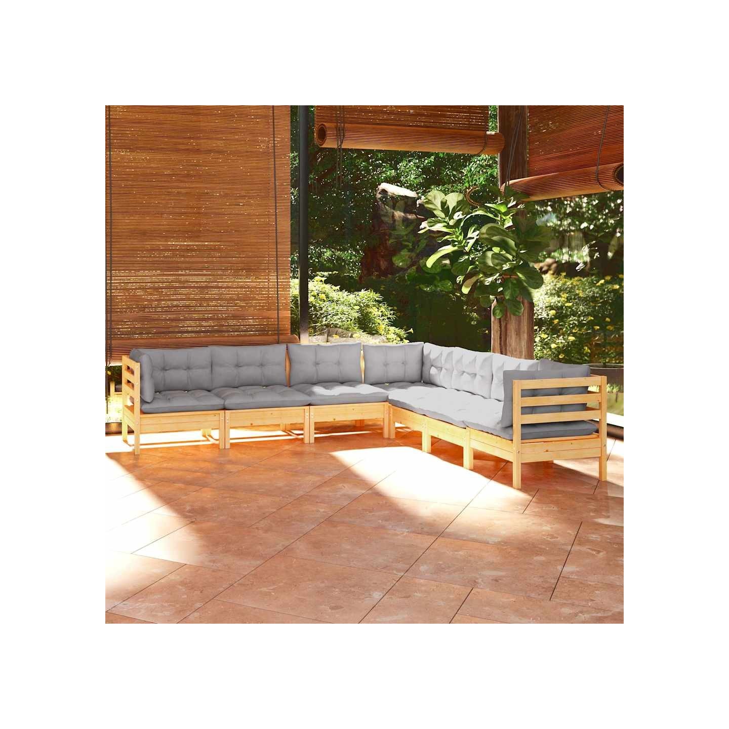 Salon de jardin 7 pcs avec coussins gris bois de pin massif