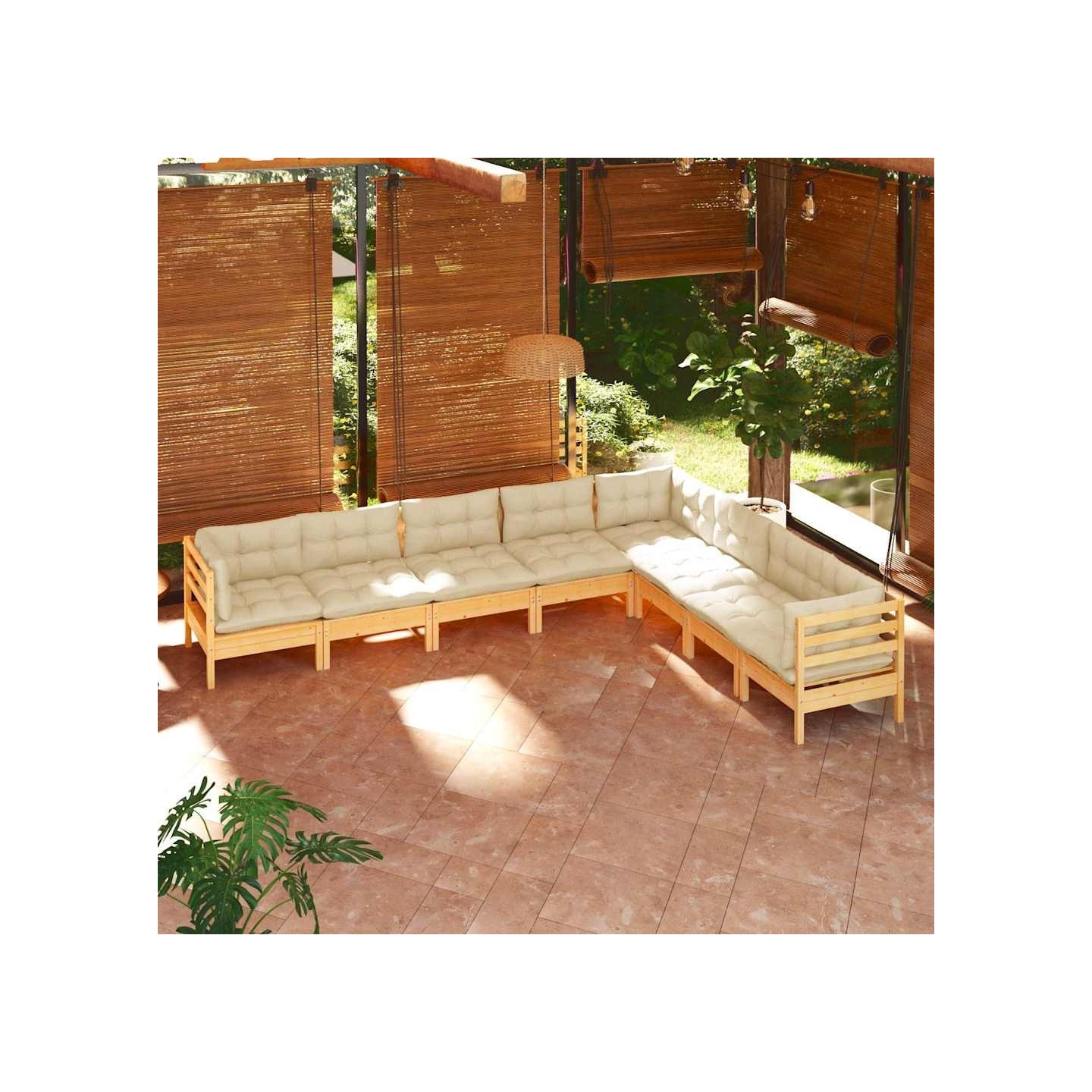 Salon de jardin 8 pcs avec coussins crème Bois de pin massif