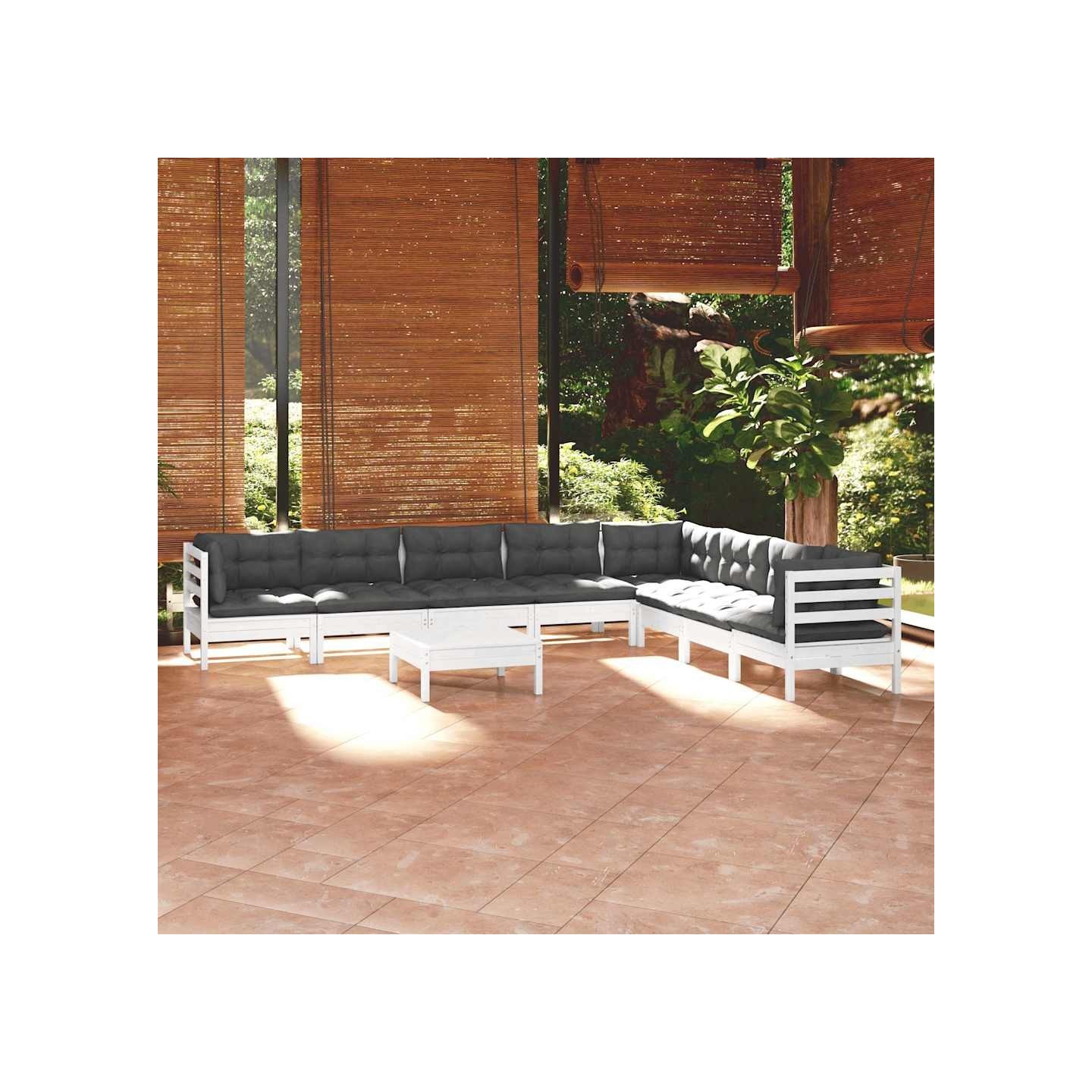 Salon de jardin 9 pcs avec coussins blanc bois de pin massif