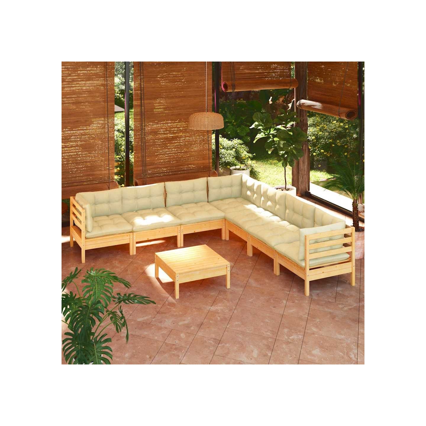 Salon de jardin 8 pcs avec coussins crème Bois de pin massif