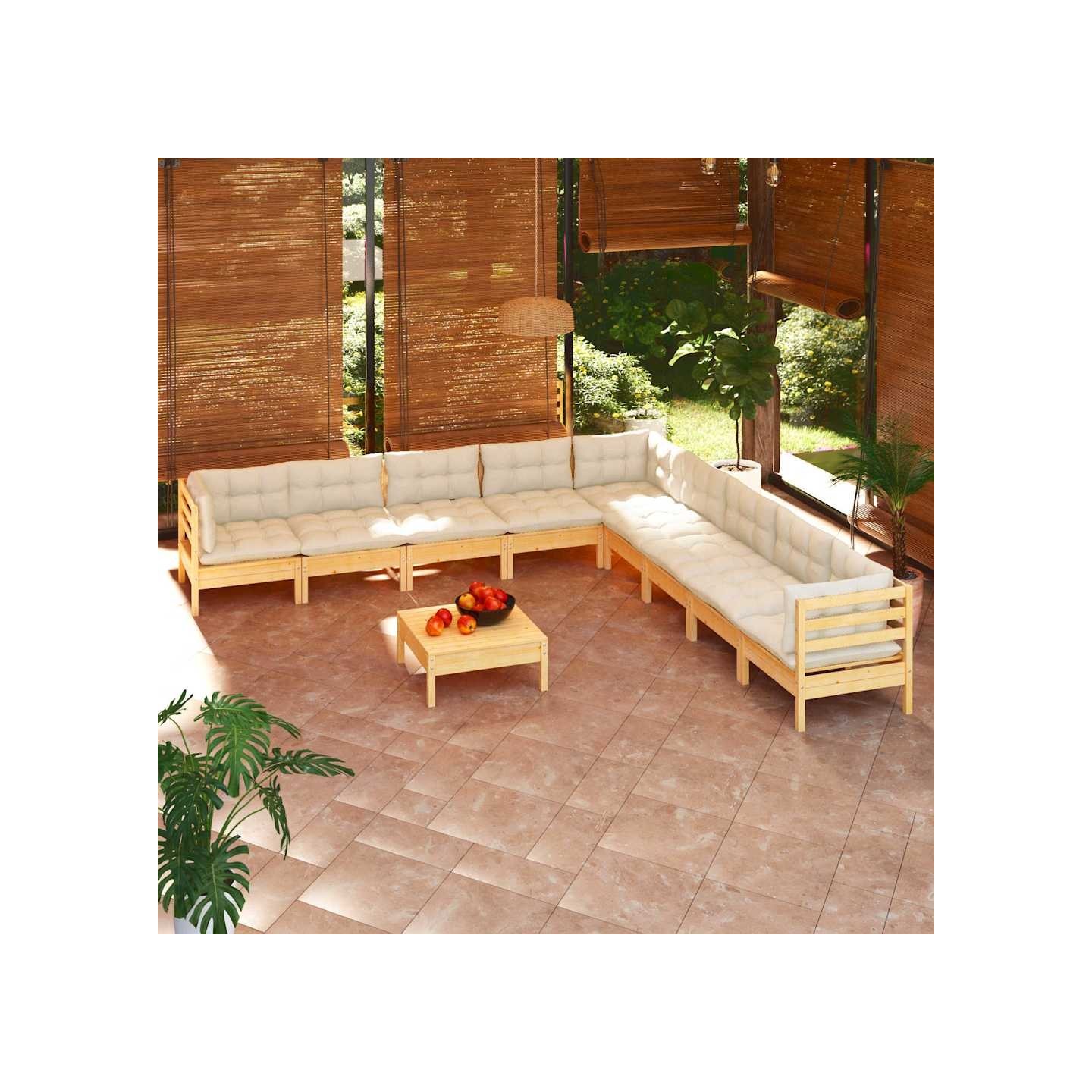 Salon de jardin 10 pcs avec coussins crème bois de pin massif