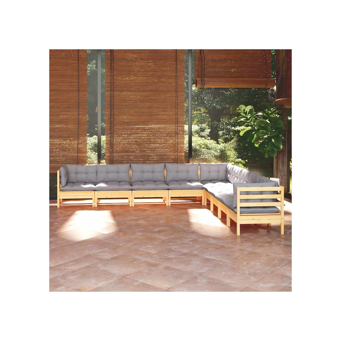 Salon de jardin 9 pcs avec coussins gris bois de pin massif