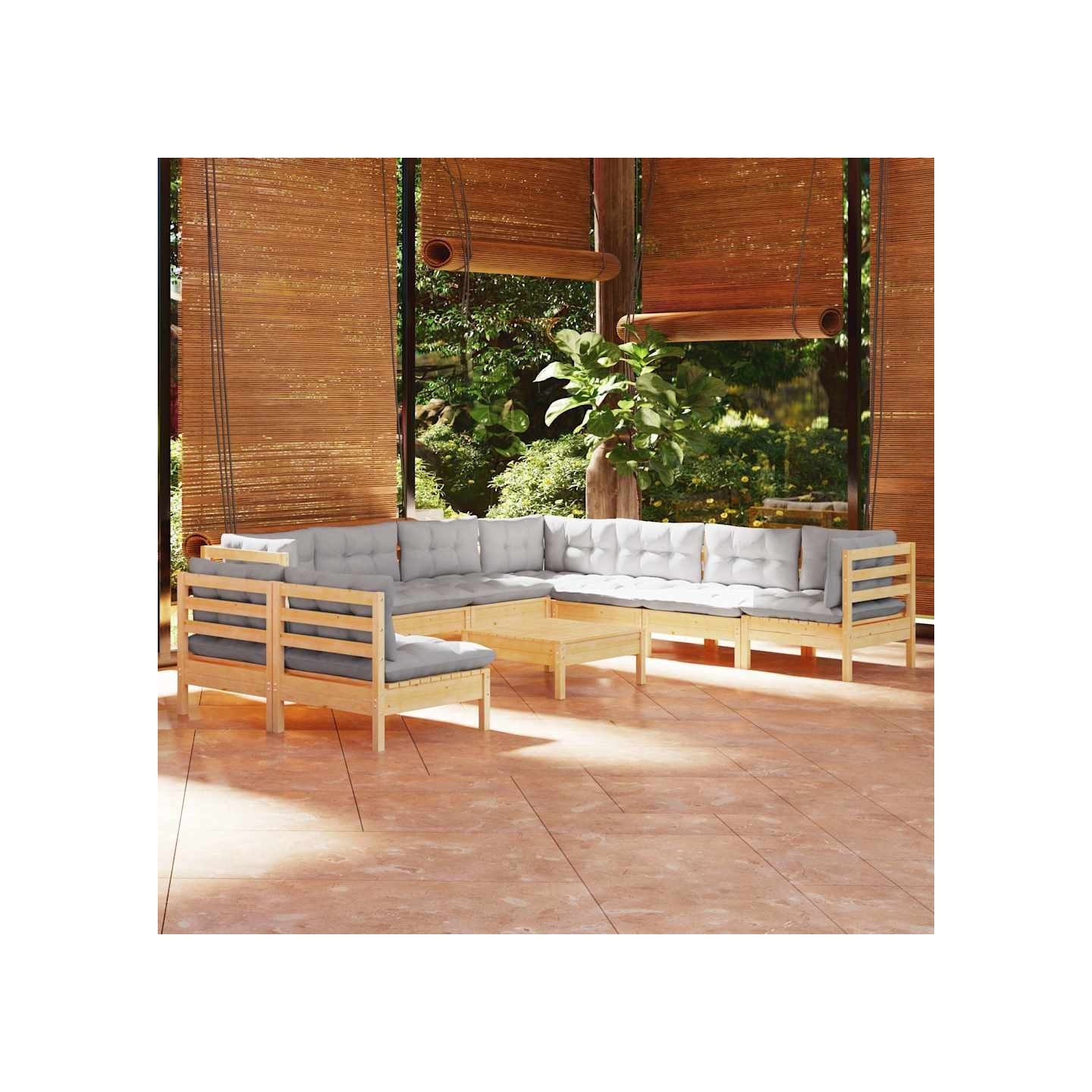 Salon de jardin 10 pcs avec coussins gris bois de pin massif