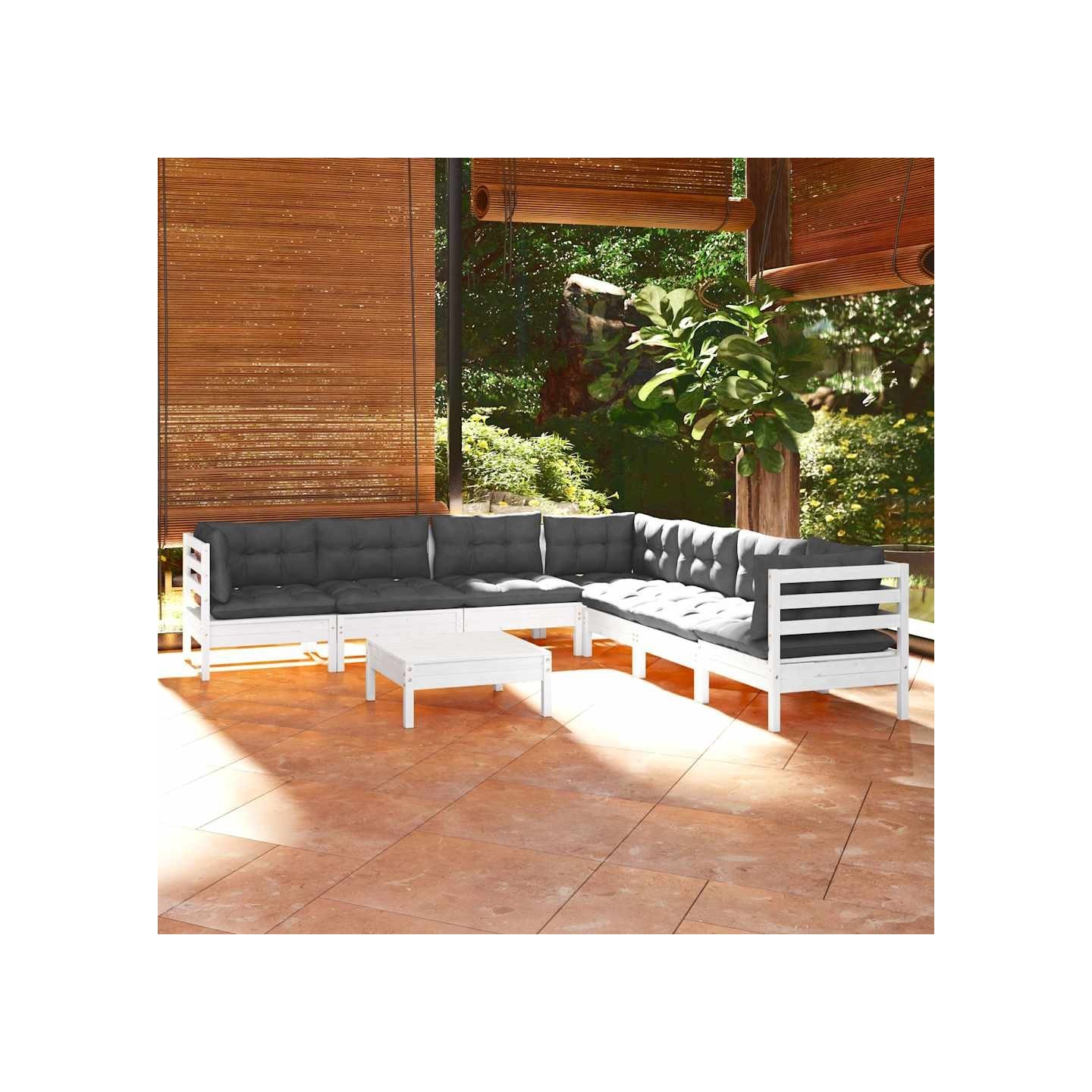 Salon de jardin 8 pcs avec coussins blanc bois de pin massif