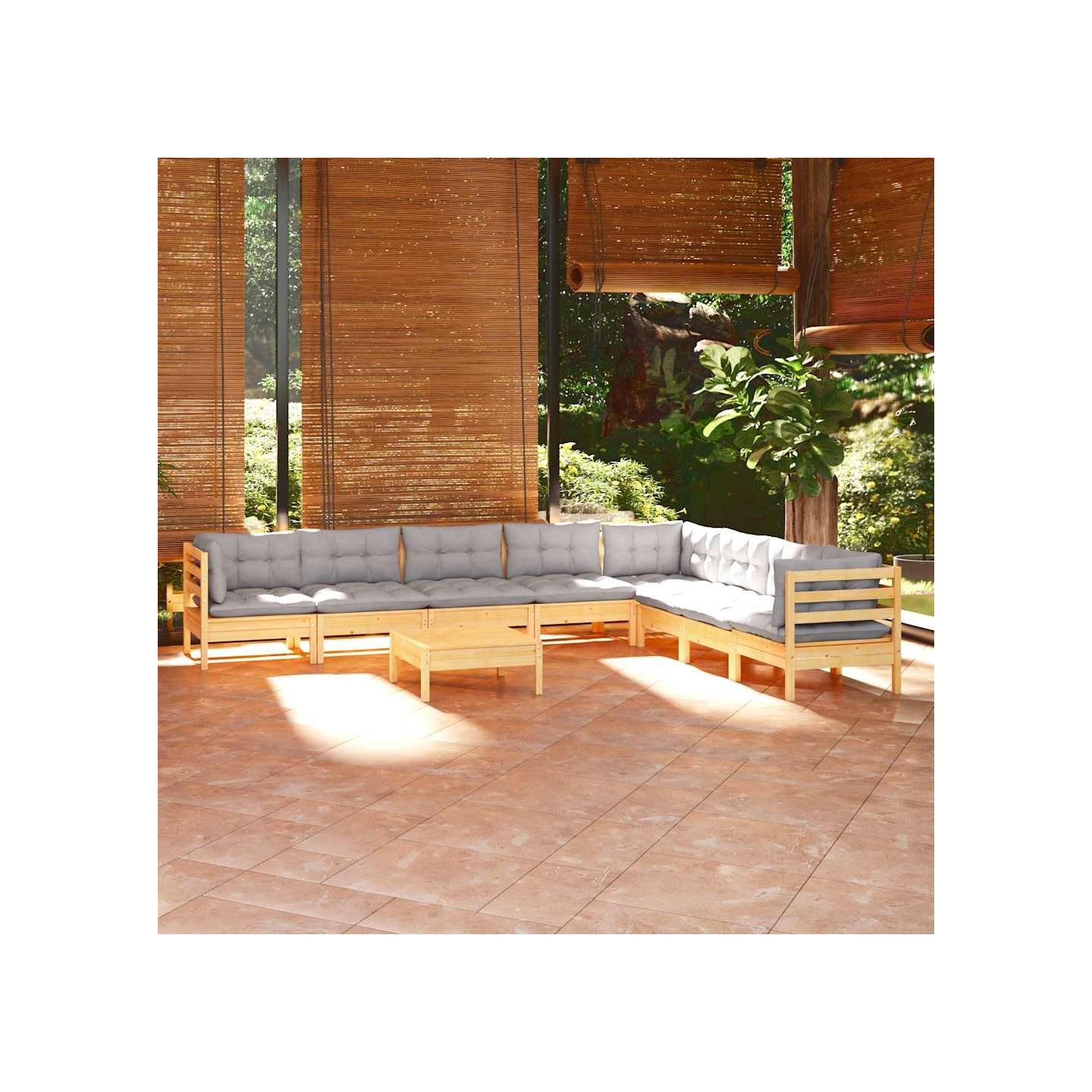 Salon de jardin 9 pcs avec coussins gris bois de pin massif