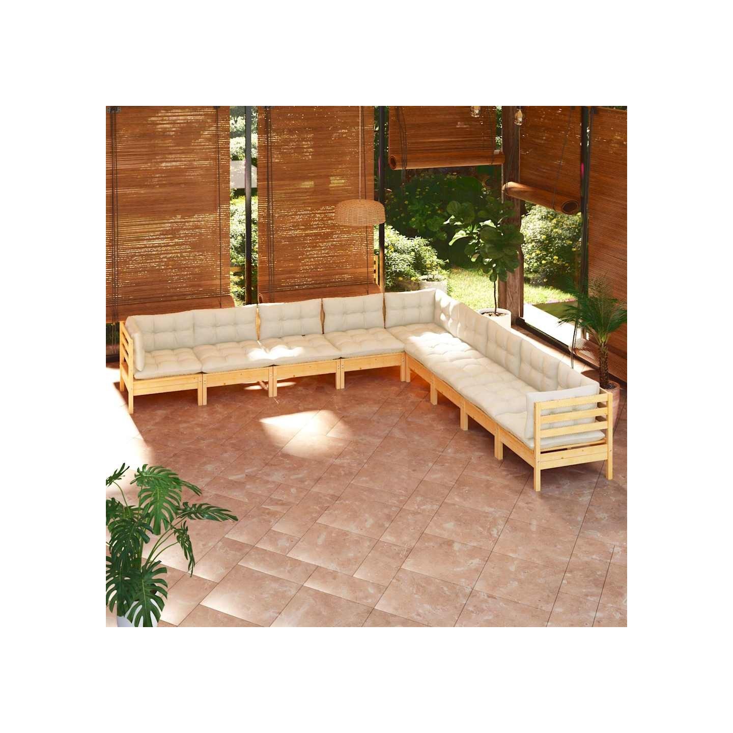 Salon de jardin 9 pcs avec coussins crème bois de pin massif