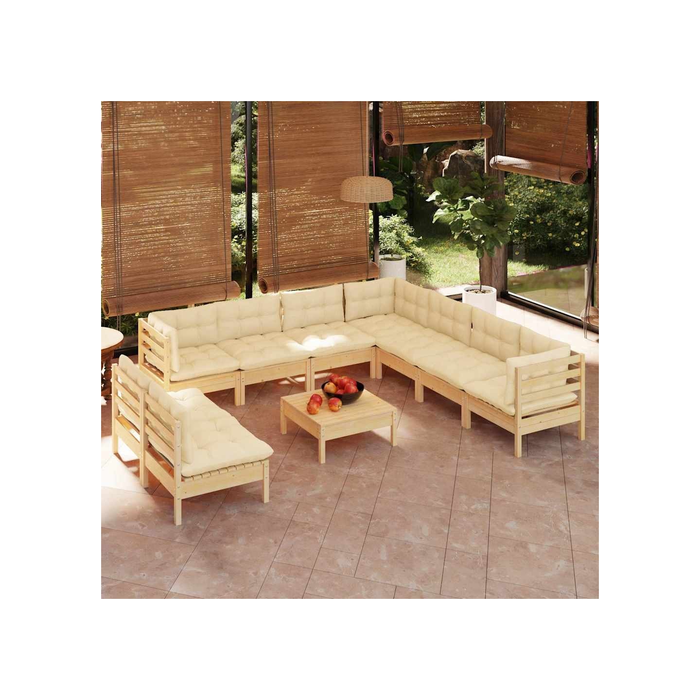 Salon de jardin 10 pcs avec coussins crème bois de pin massif