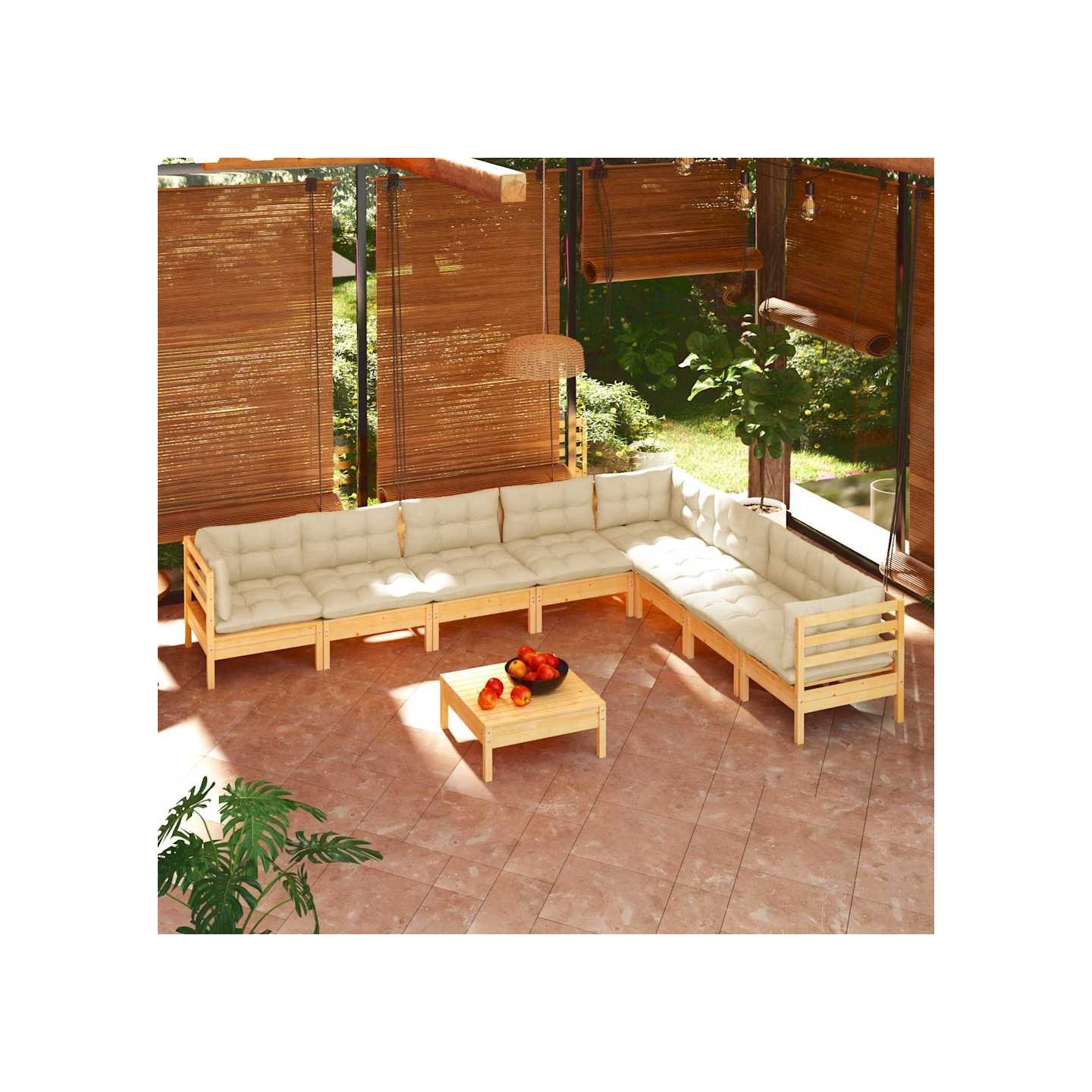 Salon de jardin 9 pcs avec coussins crème bois de pin massif