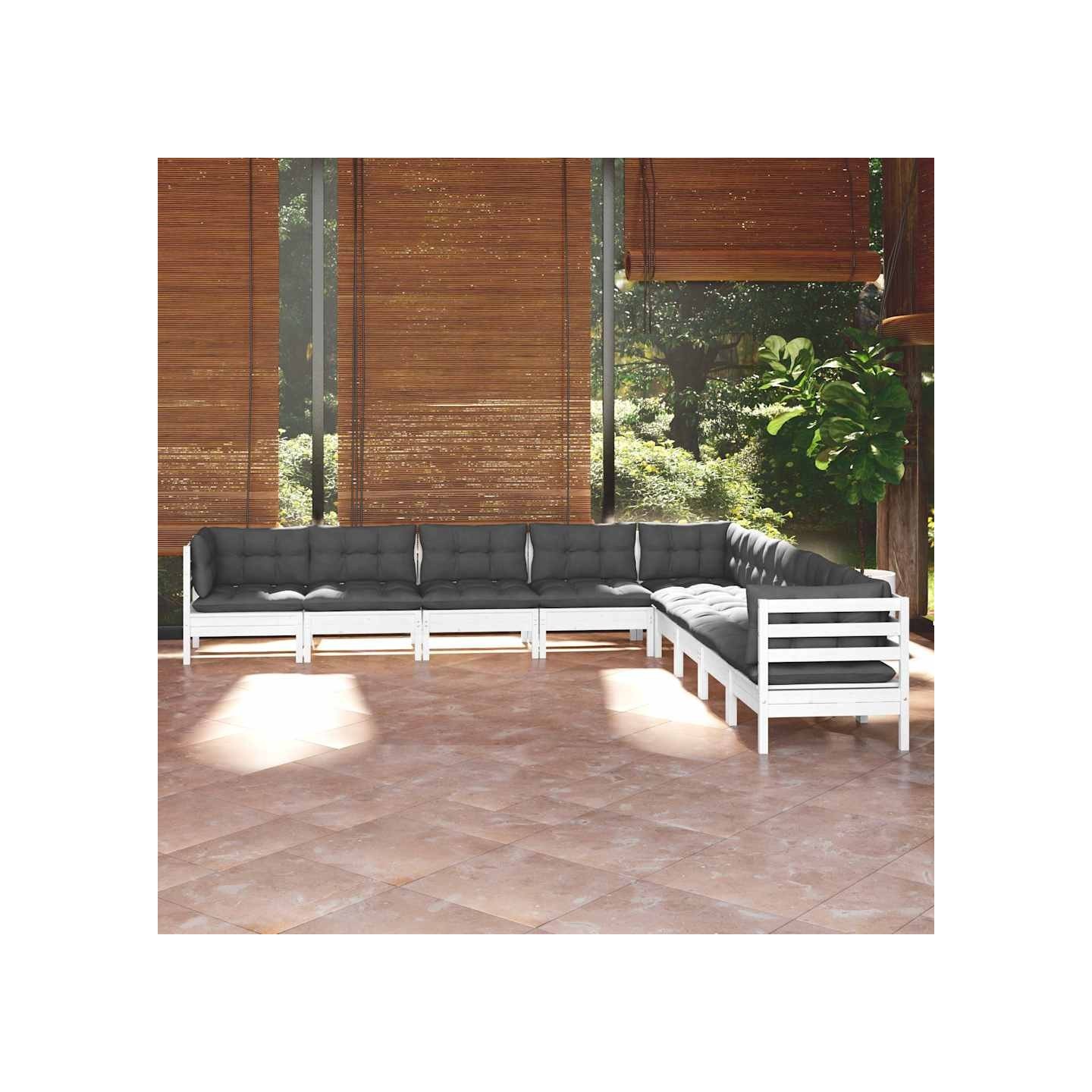 Salon de jardin 9 pcs avec coussins blanc bois de pin massif
