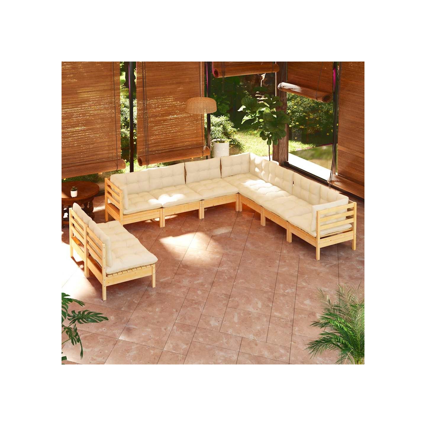 Salon de jardin 9 pcs avec coussins crème bois de pin massif