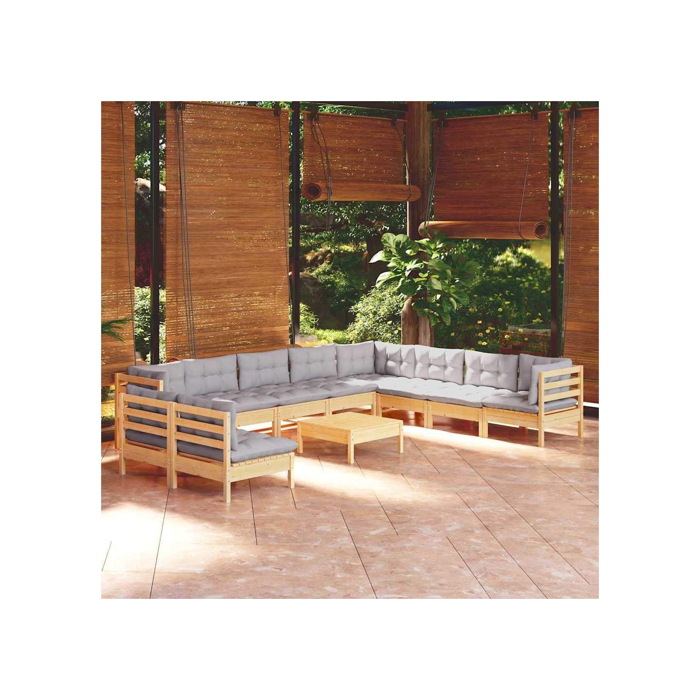 Salon de jardin 11 pcs avec coussins gris Bois de pin solide