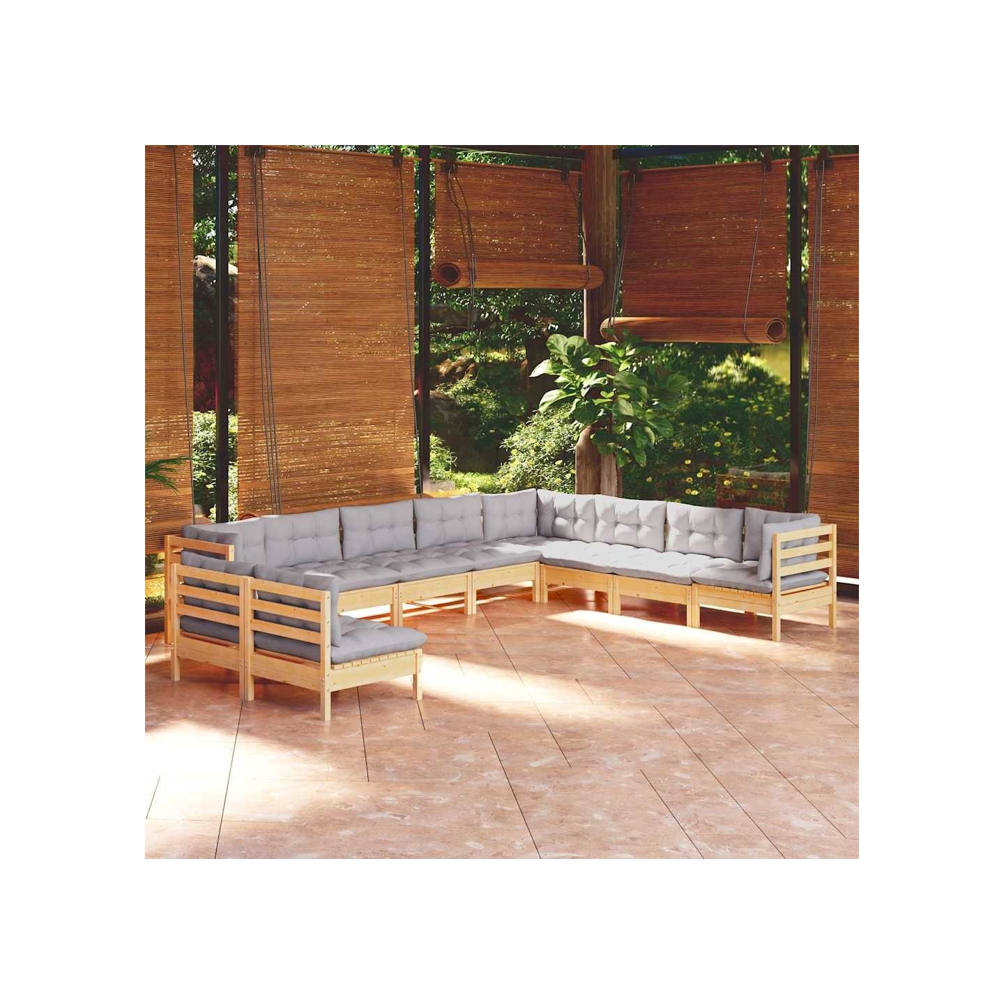 Salon de jardin 10 pcs avec coussins gris bois de pin massif