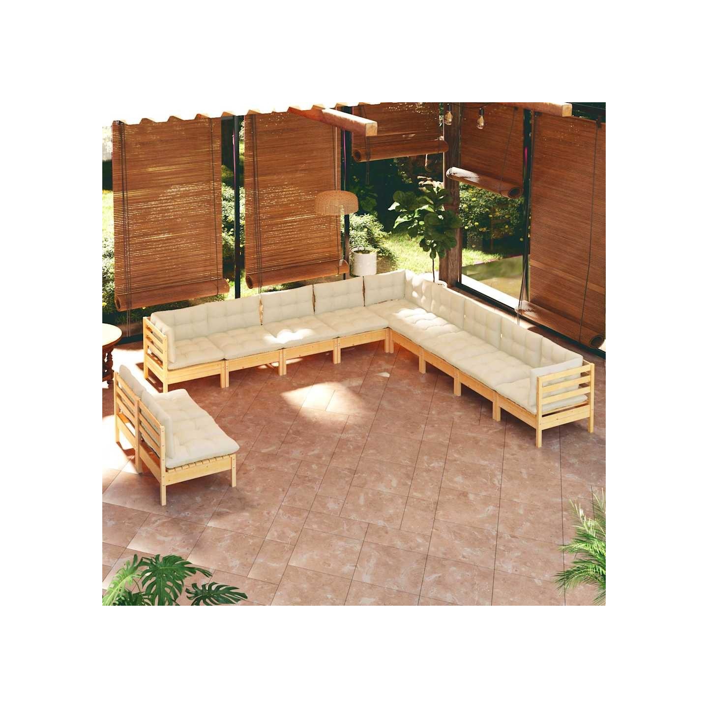 Salon de jardin 11 pcs avec coussins crème Bois de pin solide