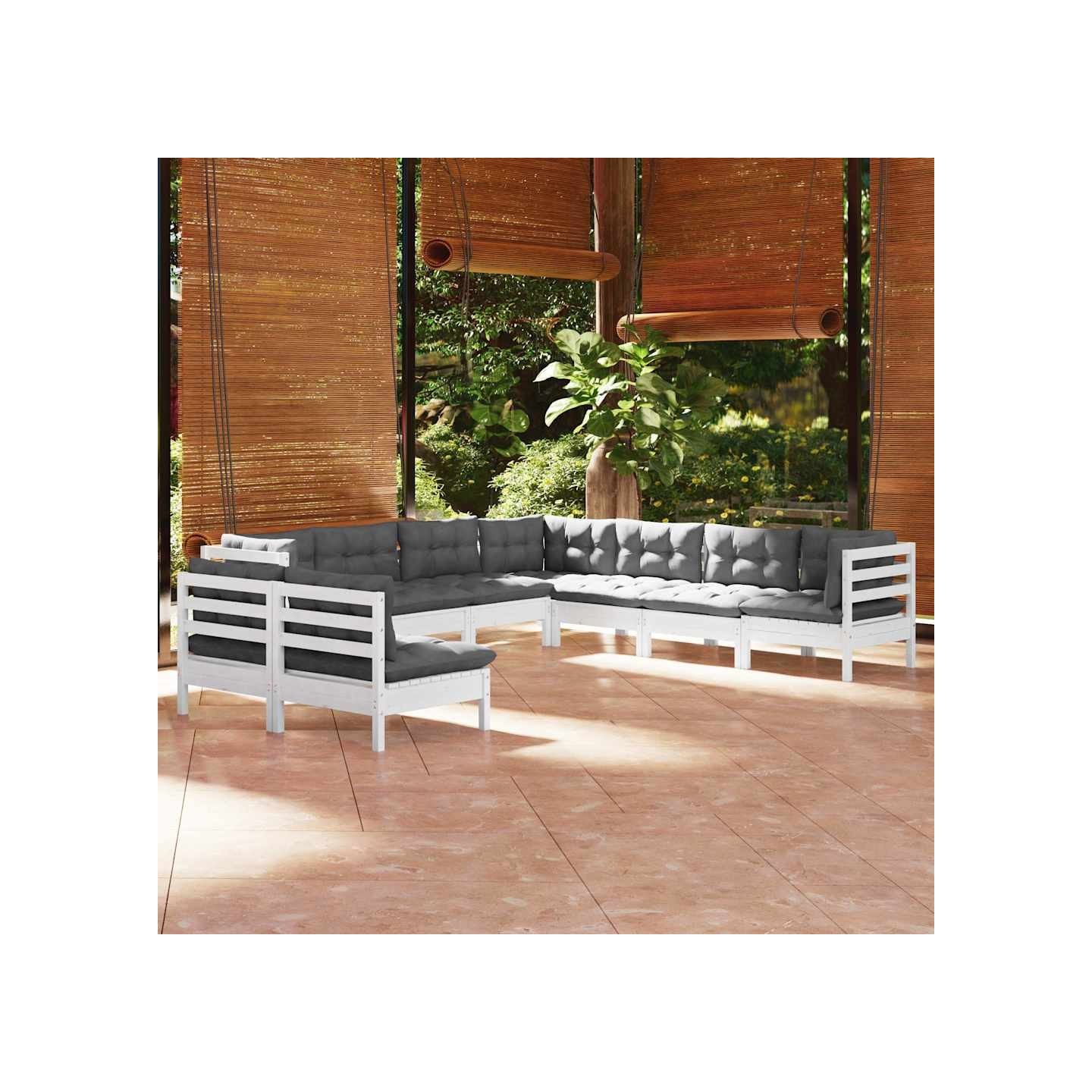 Salon de jardin 9 pcs avec coussins blanc bois de pin massif