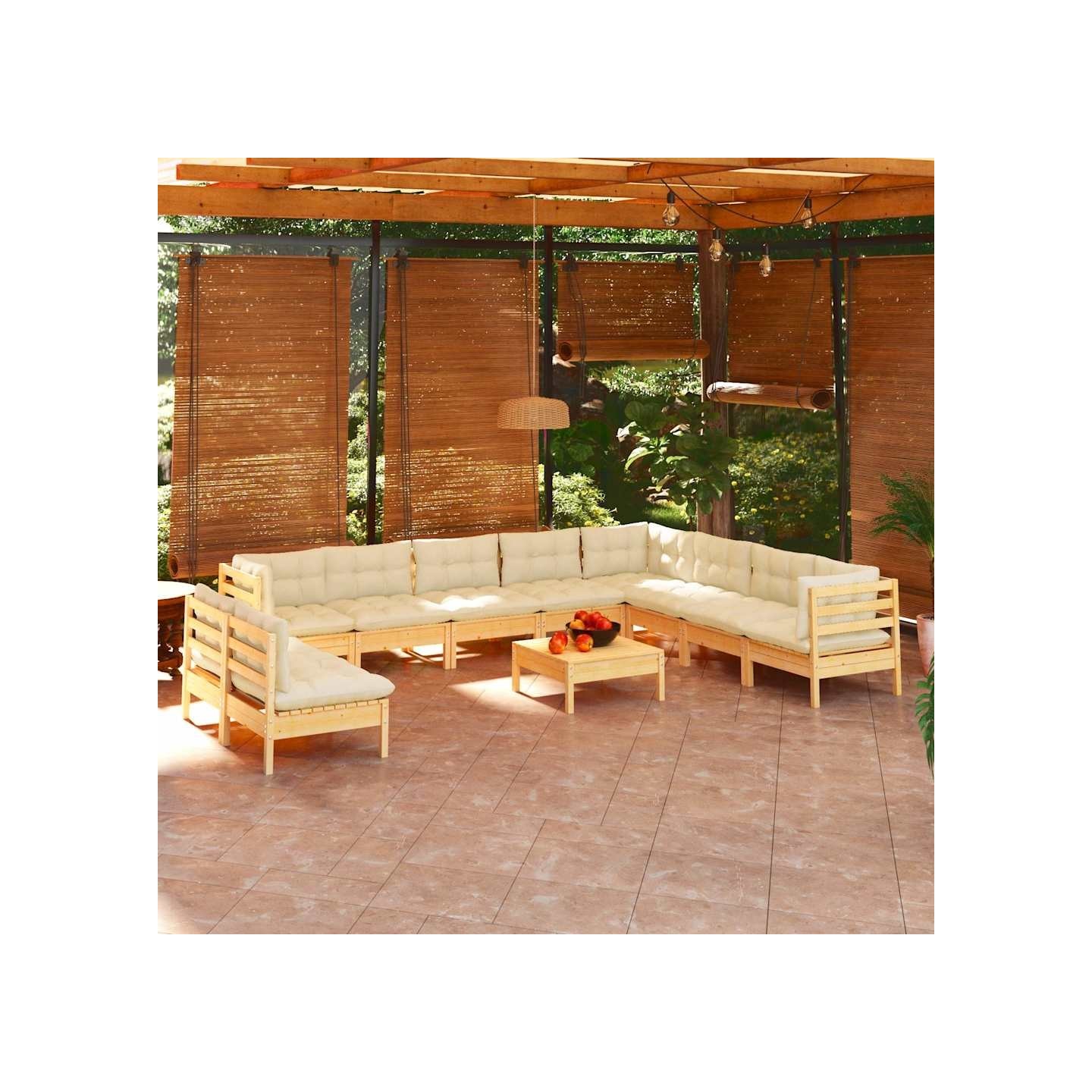 Salon de jardin 11 pcs avec coussins crème Bois de pin solide