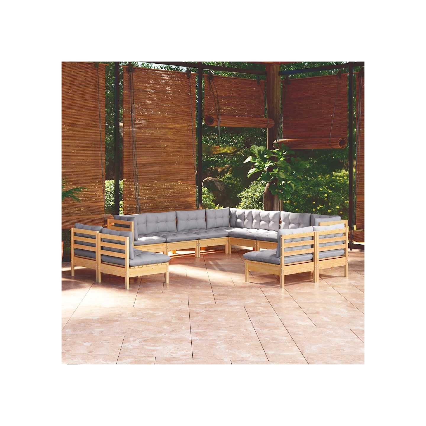 Salon de jardin 11 pcs avec coussins gris Bois de pin solide