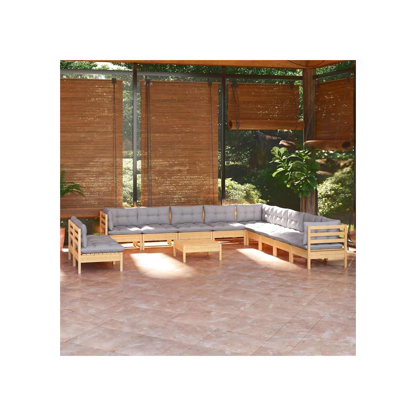Salon de jardin 12 pcs avec coussins gris Bois de pin massif