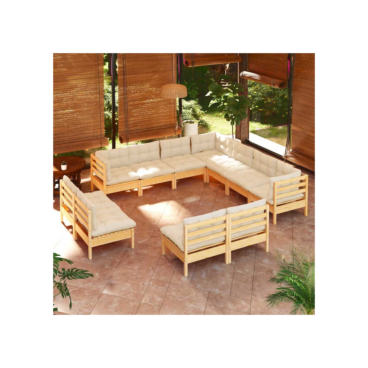 Salon de jardin 11 pcs avec coussins crème Bois de pin solide