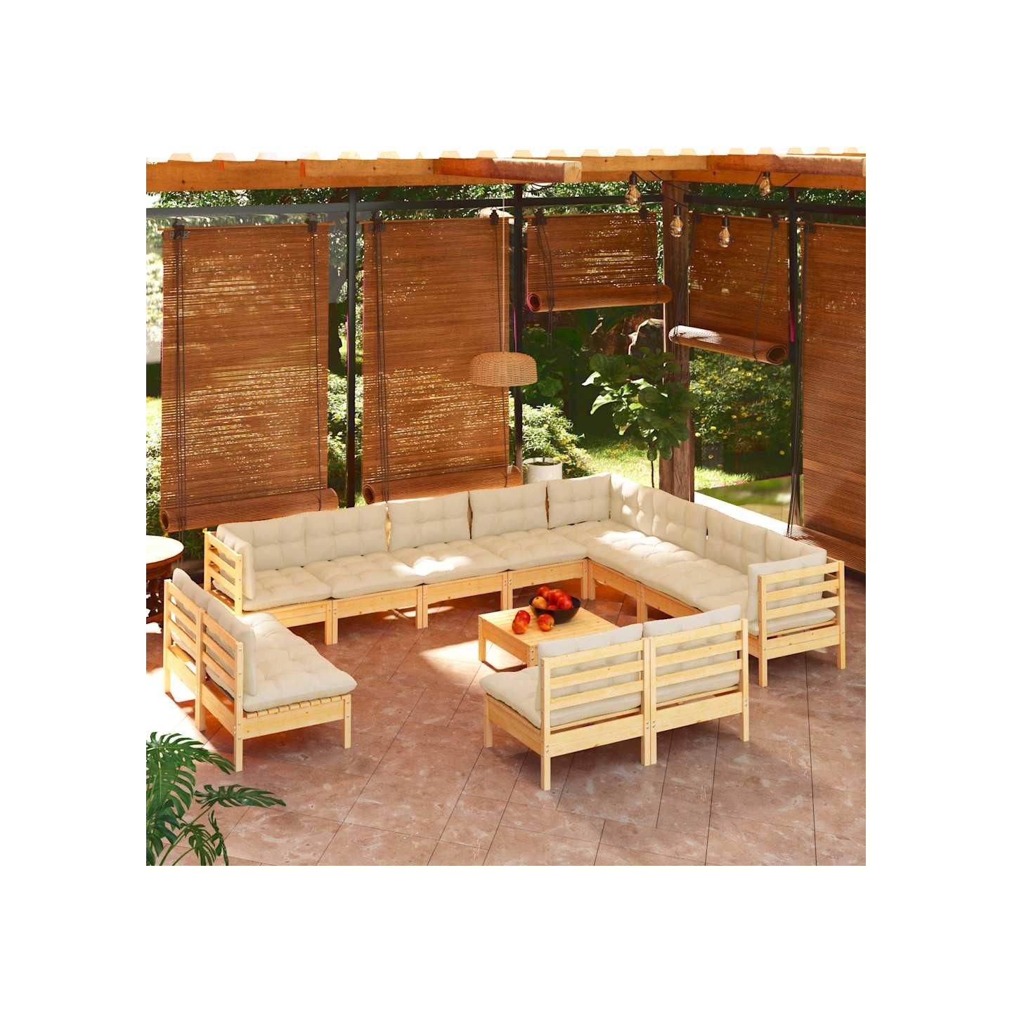 Salon de jardin 13 pcs avec coussins crème Bois de pin solide