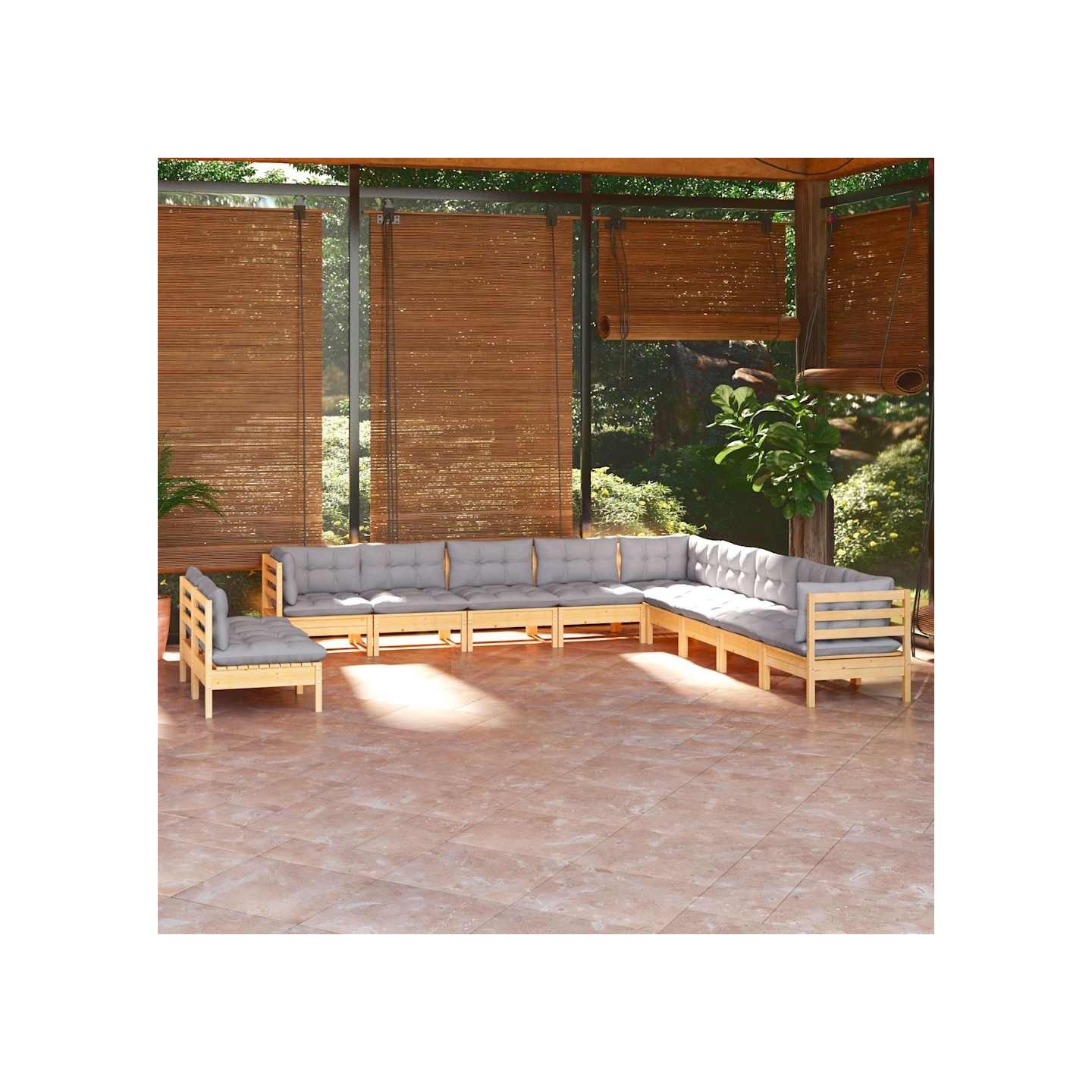 Salon de jardin 11 pcs avec coussins gris Bois de pin solide