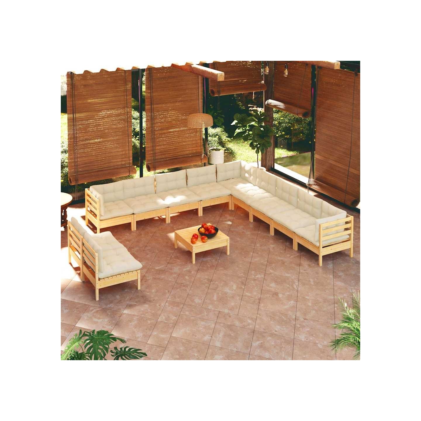 Salon de jardin 12 pcs avec coussins crème Bois de pin massif
