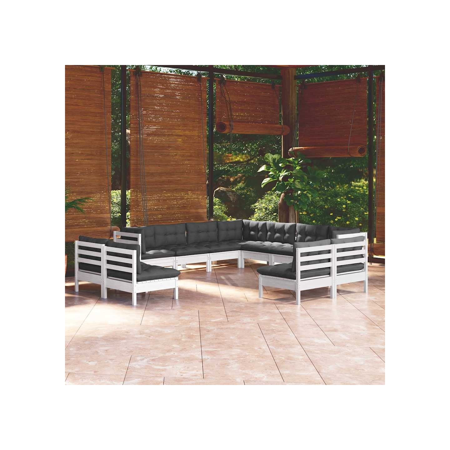 Salon de jardin 11 pcs avec coussins blanc bois de pin solide