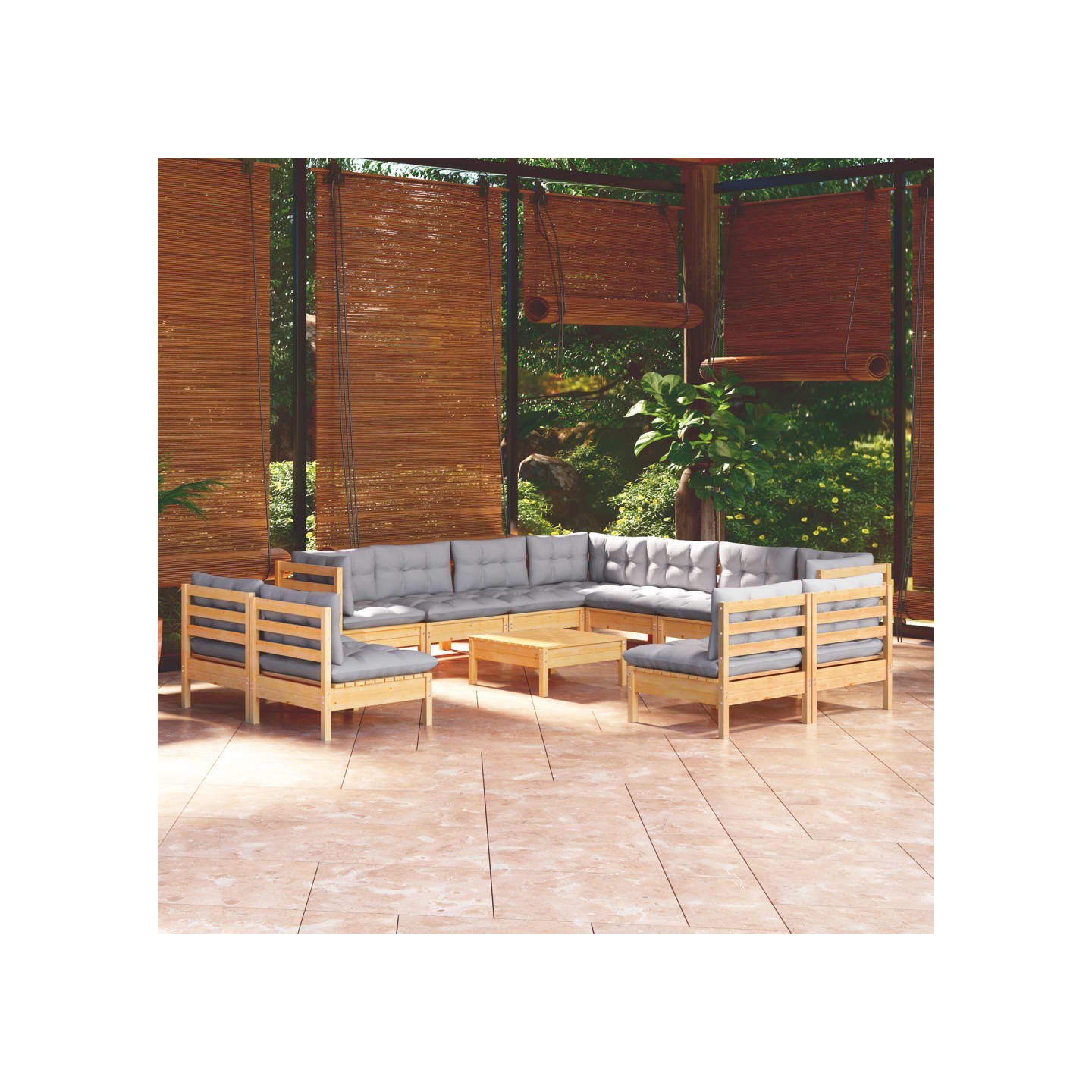 Salon de jardin 12 pcs avec coussins gris Bois de pin massif