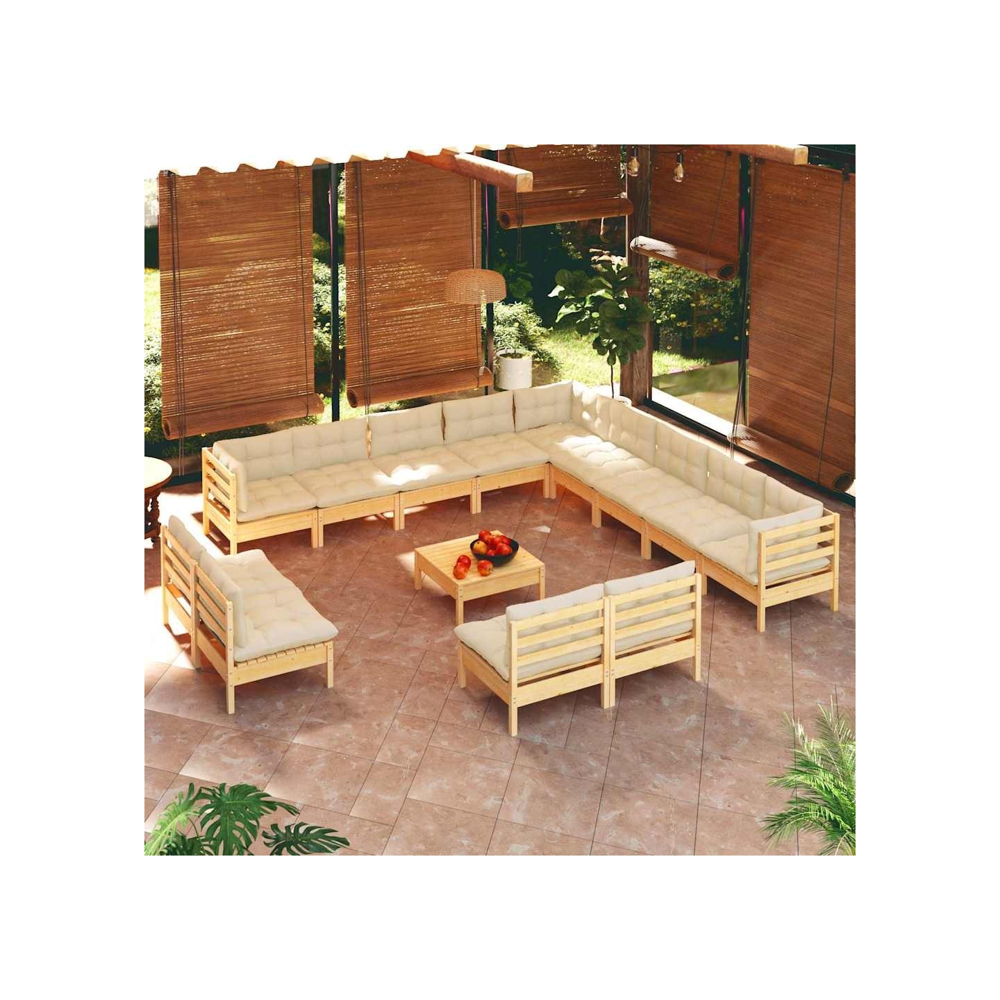 Salon de jardin 14 pcs avec coussins crème Bois de pin solide