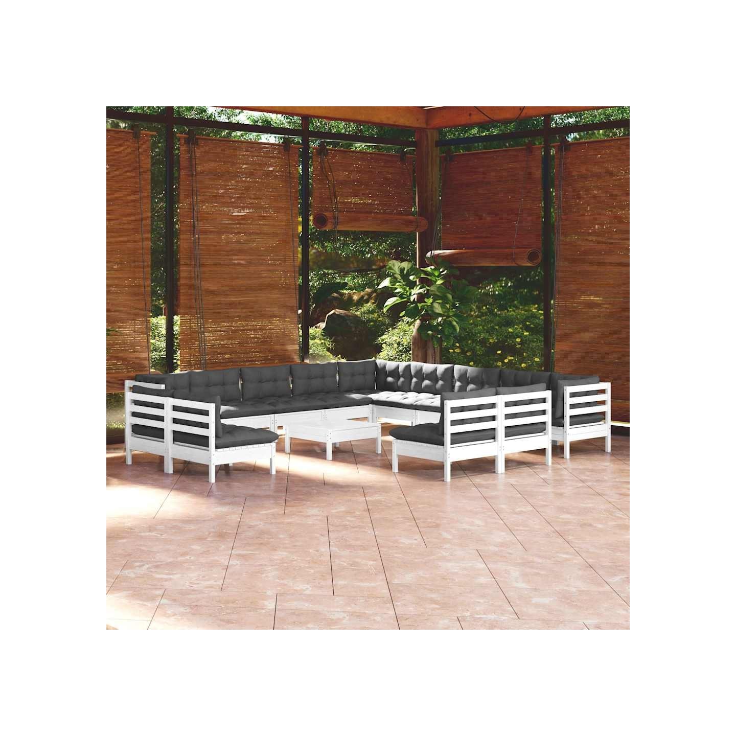 Salon de jardin 14 pcs avec coussins blanc bois de pin solide