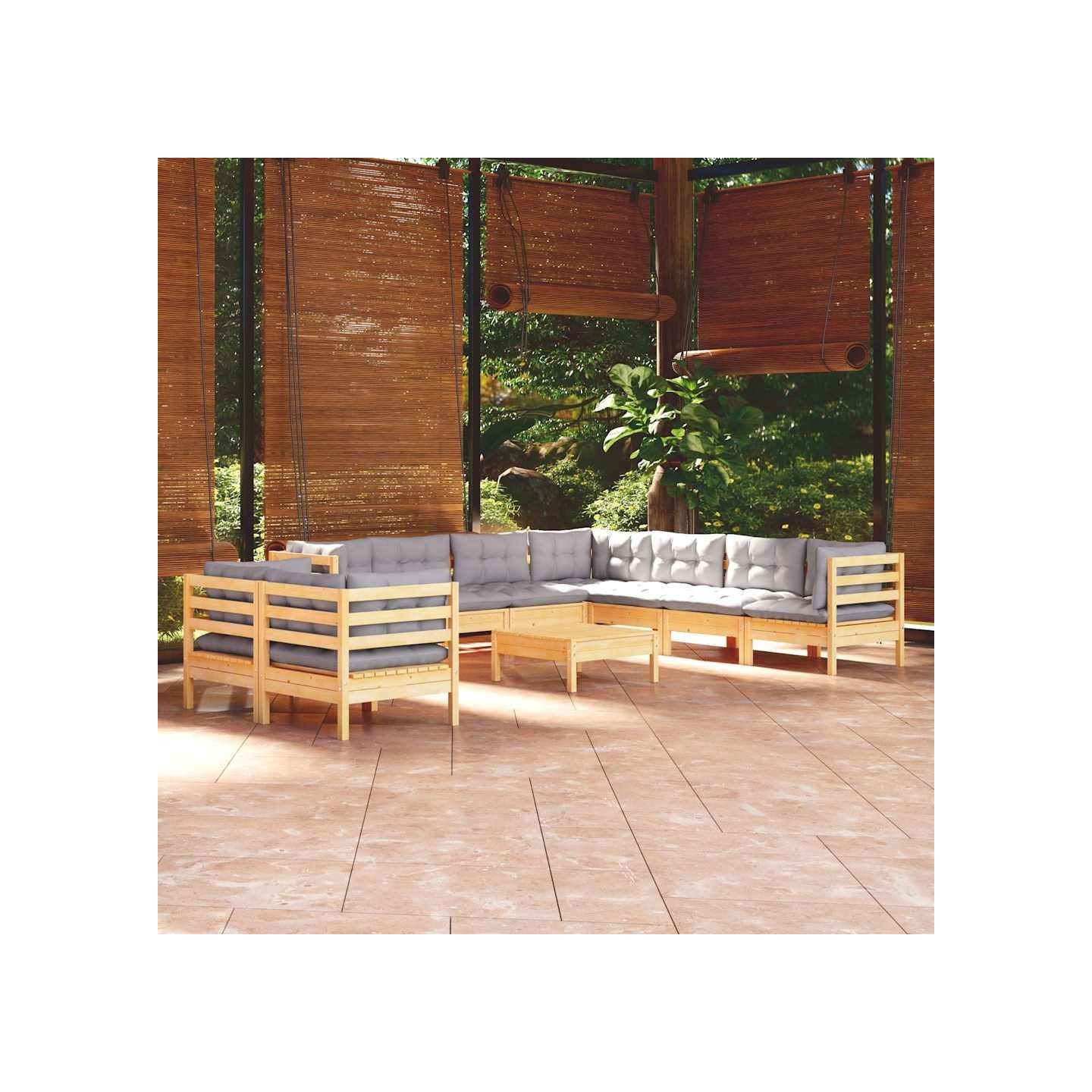 Salon de jardin 10 pcs avec coussins gris bois de pin massif
